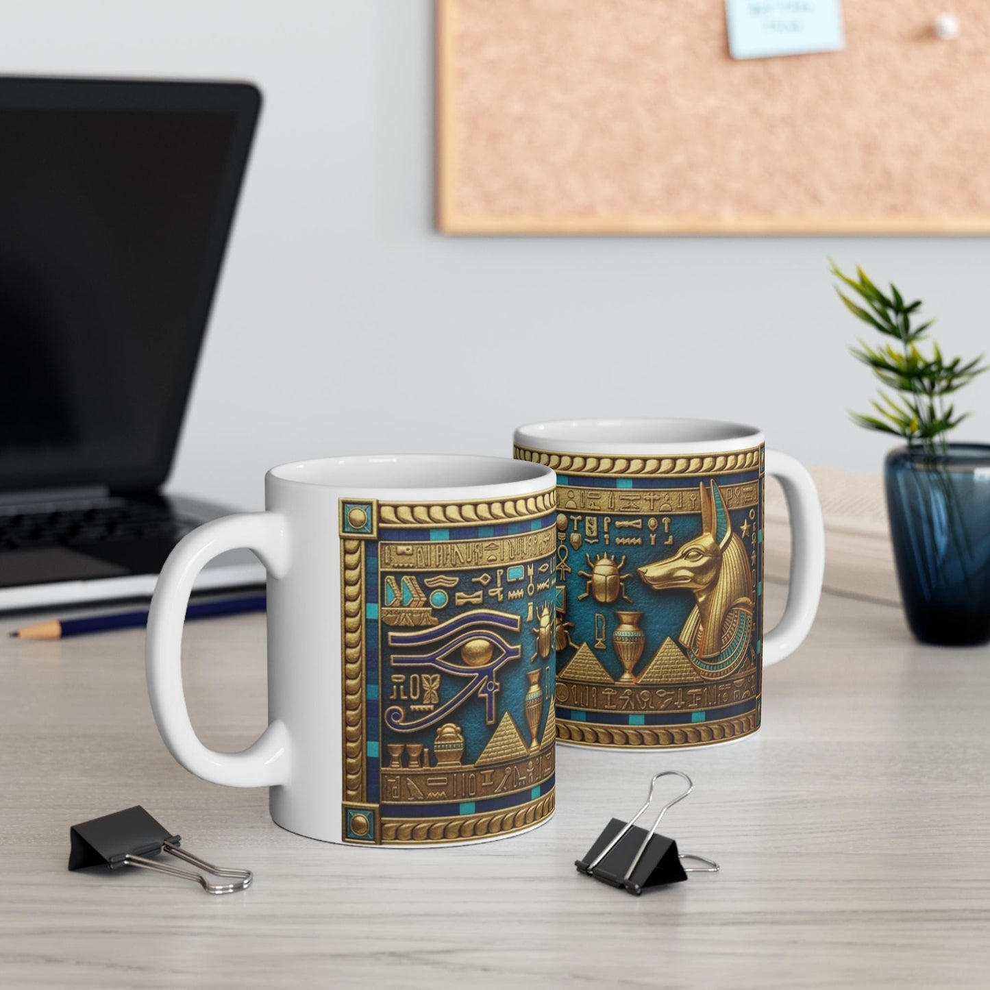 Egyptian Ankh and Eye Mug | Ancient Egyptian Hieroglyphics, Scarab and Pyramid Design