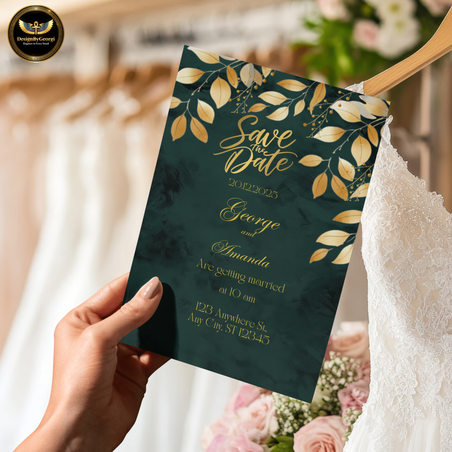 Emerald Velvet Wedding Invitation Suite – New Edition, Golden Leaf Botanical Design, Luxurious Elegant Editable Canva Set