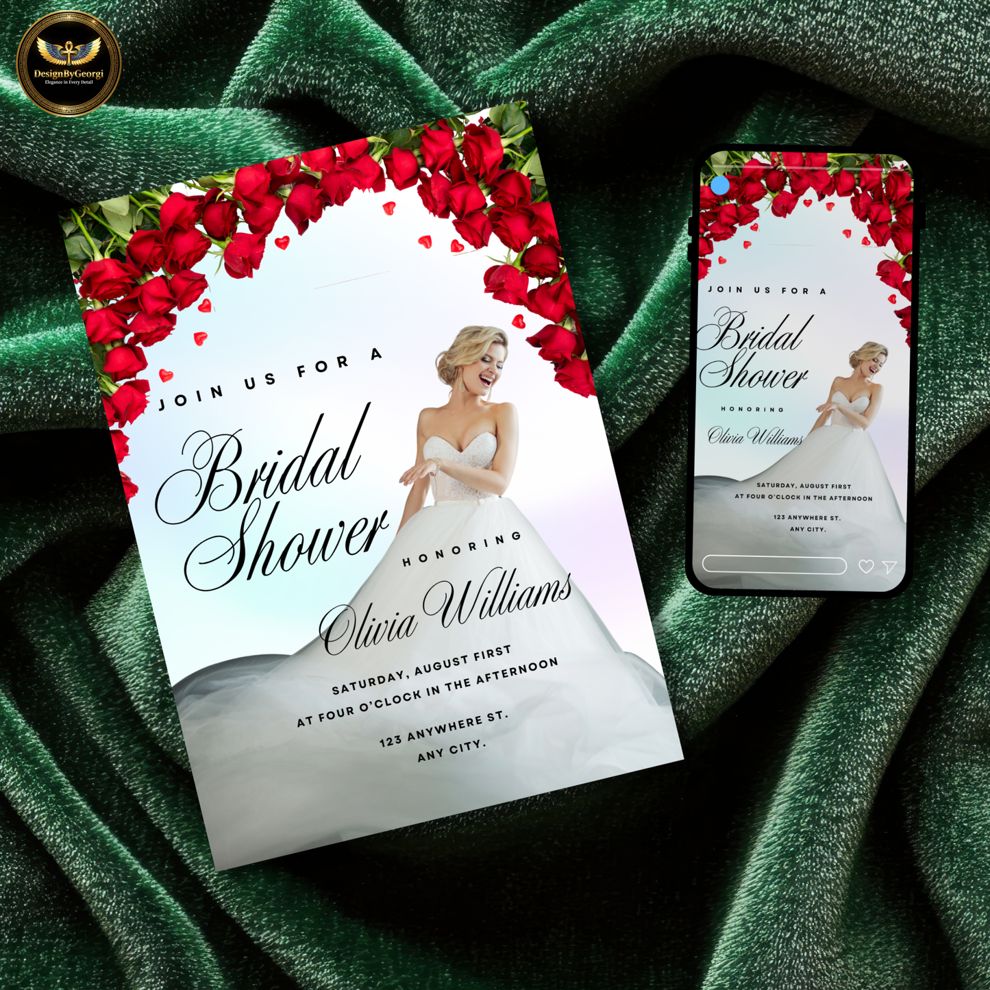 Pastel Shimmer Bridal Shower Invitation Template, Real Bride Twirling, Red Floral Arch, Elegant Bridal Shower Invite, Editable Canva