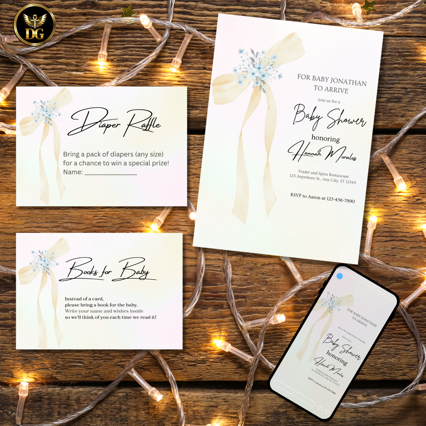 Yellow Ribbon Bow Baby Shower Invitation | Pastel Pink & Blue Editable Canva Template