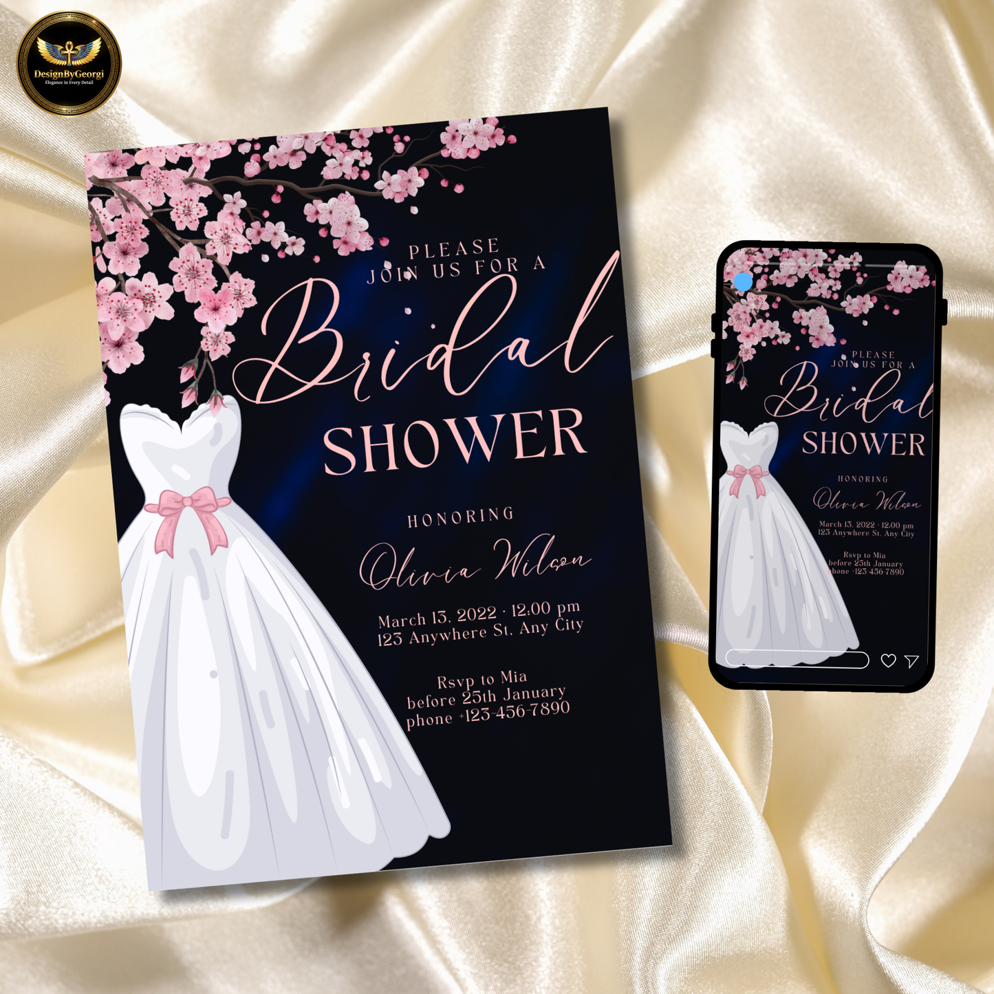 Dusty Rose Bridal Shower Invitation: Cherry Blossom, Navy Digital Template Printable Invitation Template Editable Canva Instant Download