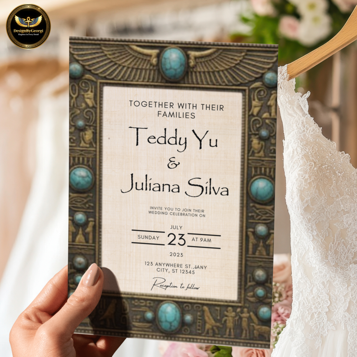 Vintage frame – Turquoise jewelry – Creamy papyrus background – Egyptian luxury style