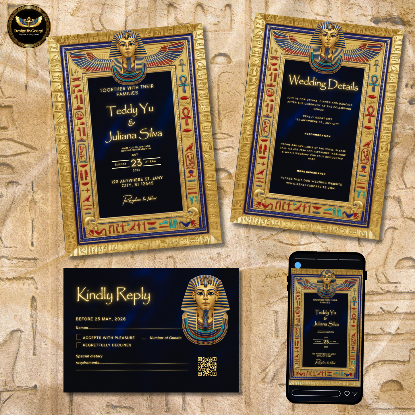 Navy Velvet Egyptian Wedding Invitation – Gold Hieroglyphic Frame & Tutankhamun Mask