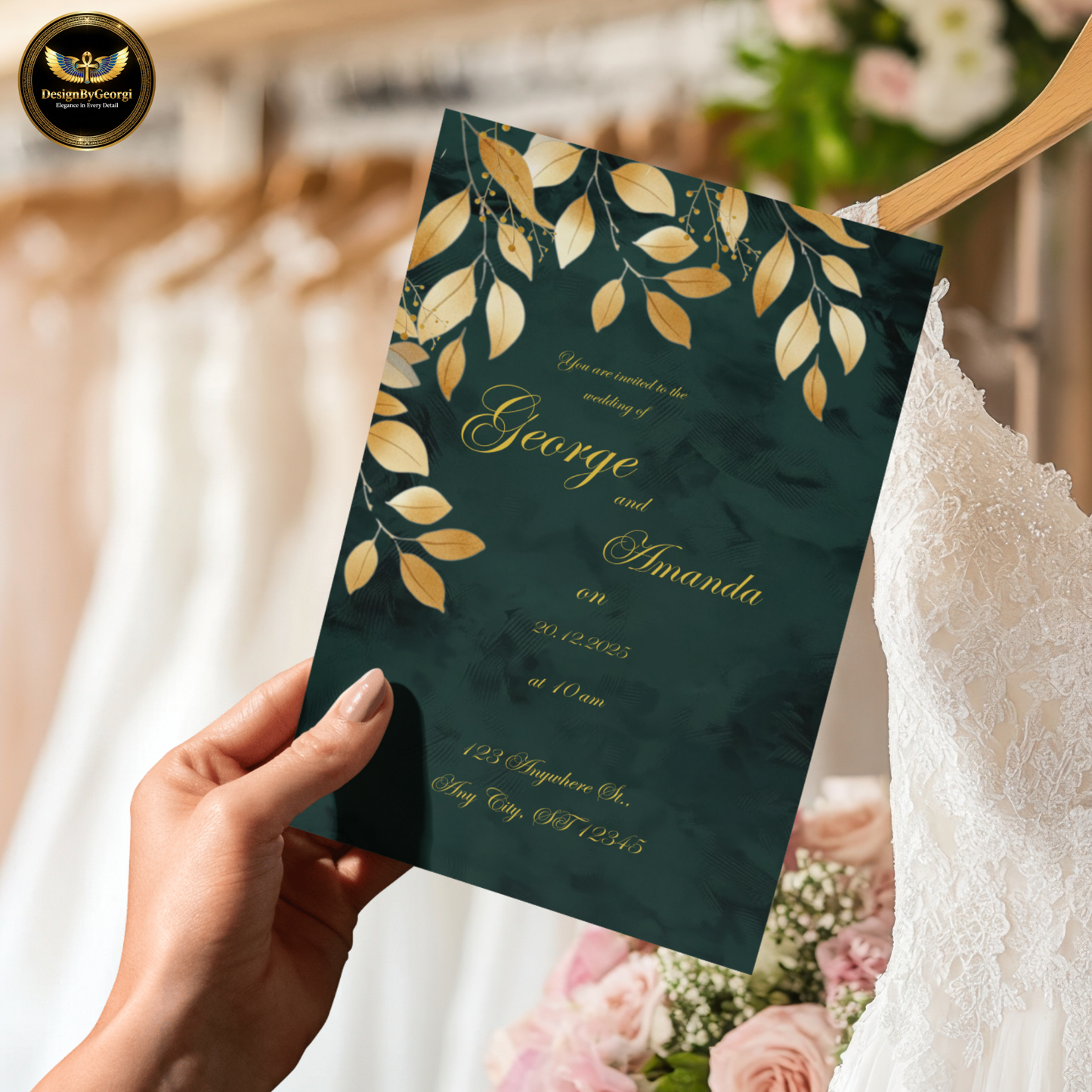 Emerald Velvet Wedding Invitation, Golden Leaf Botanical Design, Luxury Elegant Invite, Editable Canva Main & Digital Version