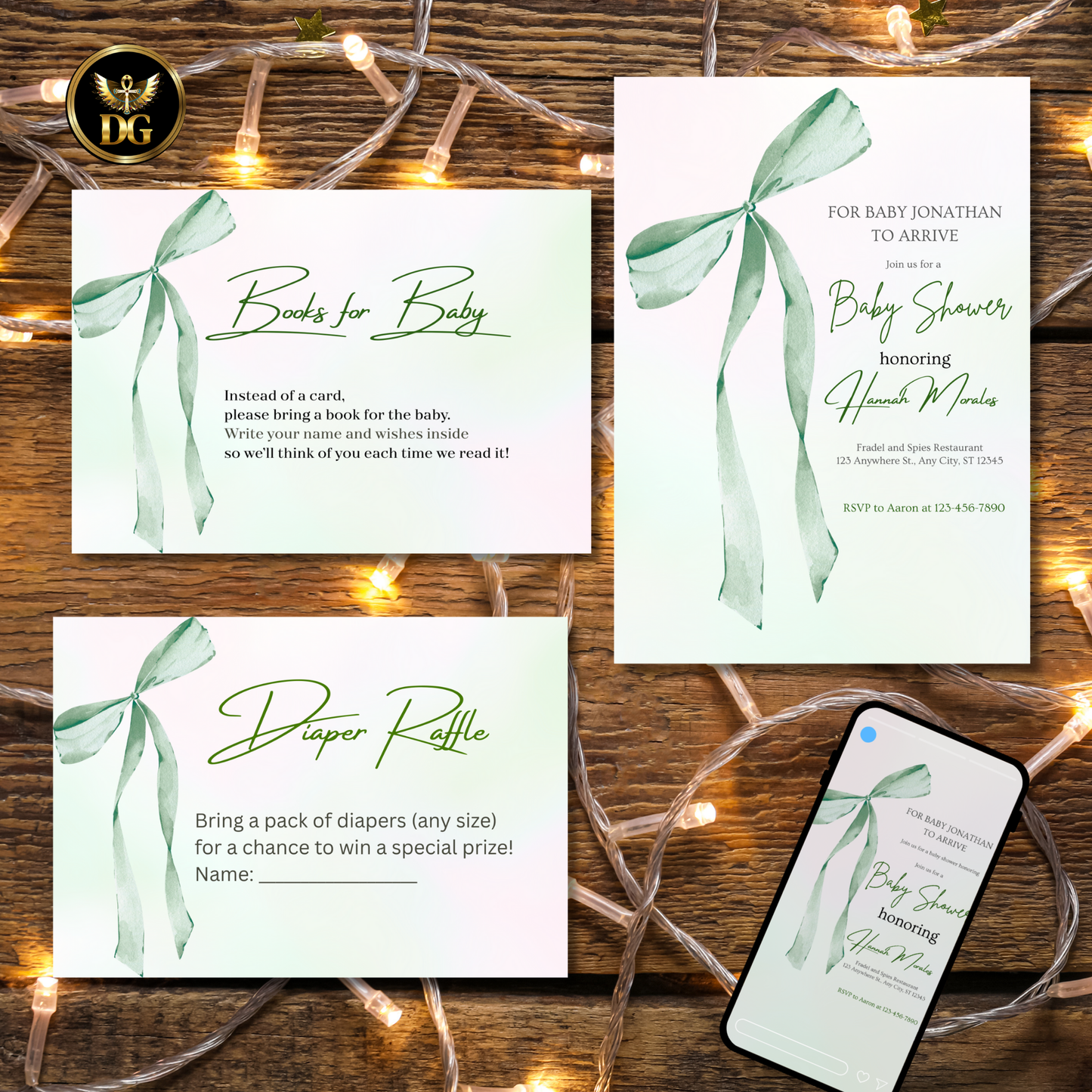 Pastel Mint Green Pink Baby Shower Invitation Template | Editable Canva Digital | Long Ribbon Bow Diaper Raffle, Books for Baby Suite