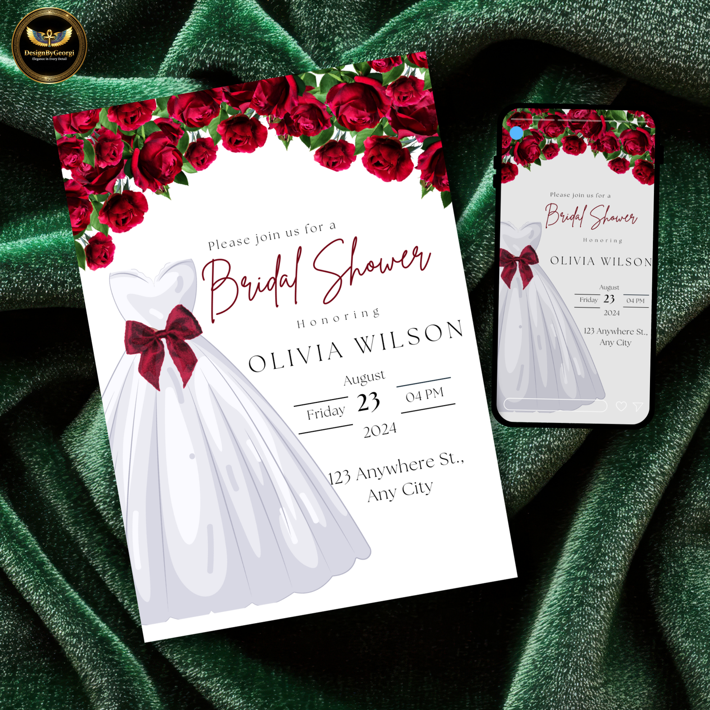 Red Floral Bridal Shower Invitation Template, White Wedding Dress with Red Bow, Elegant Bridal Shower Invite, Editable Canva