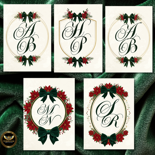 Luxurious Wedding Crest Invitations Bundle – 10 Elegant Designs with Emerald Velvet, Gold Accents & Poinsettia Detailing