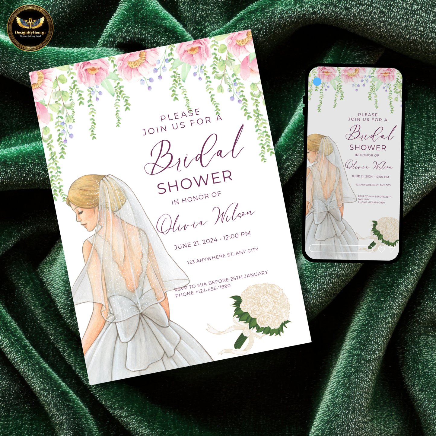 Pink Watercolor Bridal Shower Invitation Template, White Background, Floral Arch with Hanging Branches, Watercolor Bride, Editable Canva