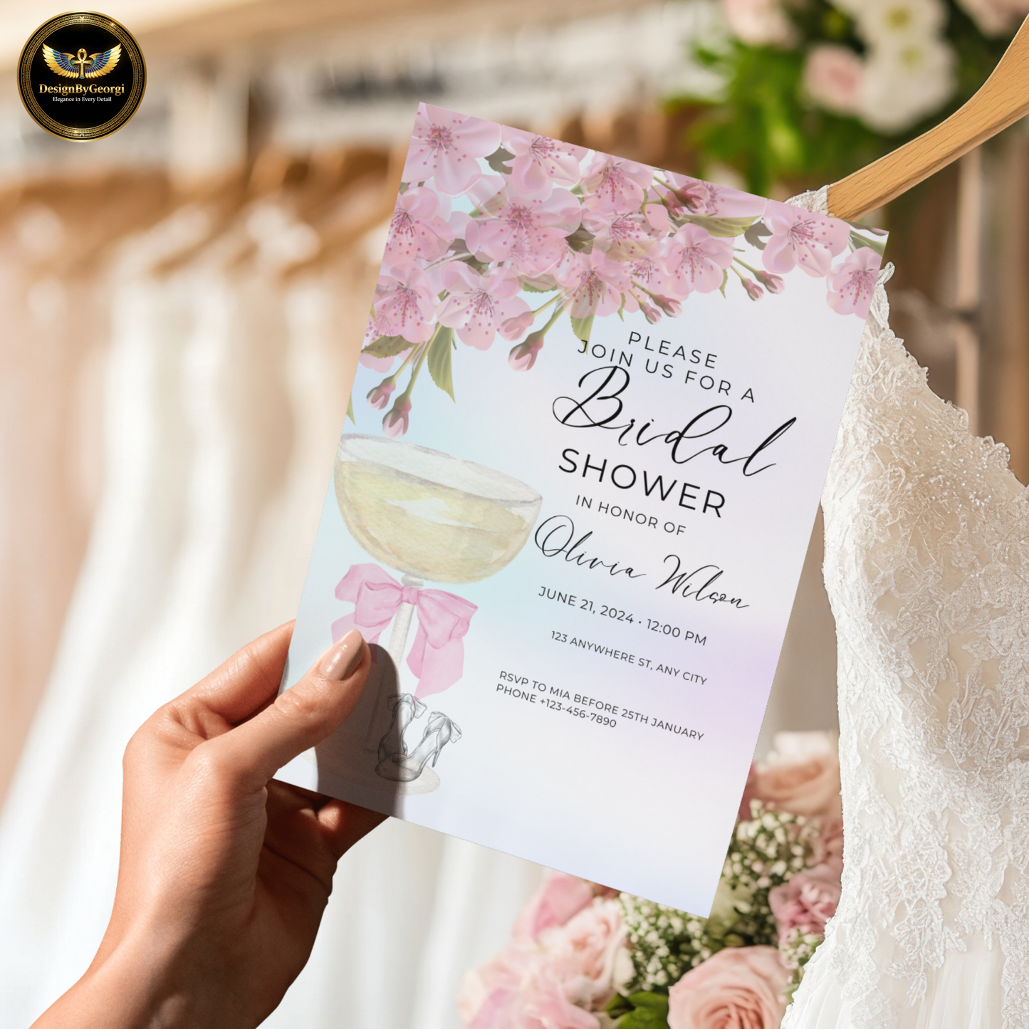 Elegant Pastel Pink Bridal Shower Invitation with Champagne Glass, Pink Bow, Wedding Shoes, Pink Floral Accents, Editable Canva Template, Digital & Printable