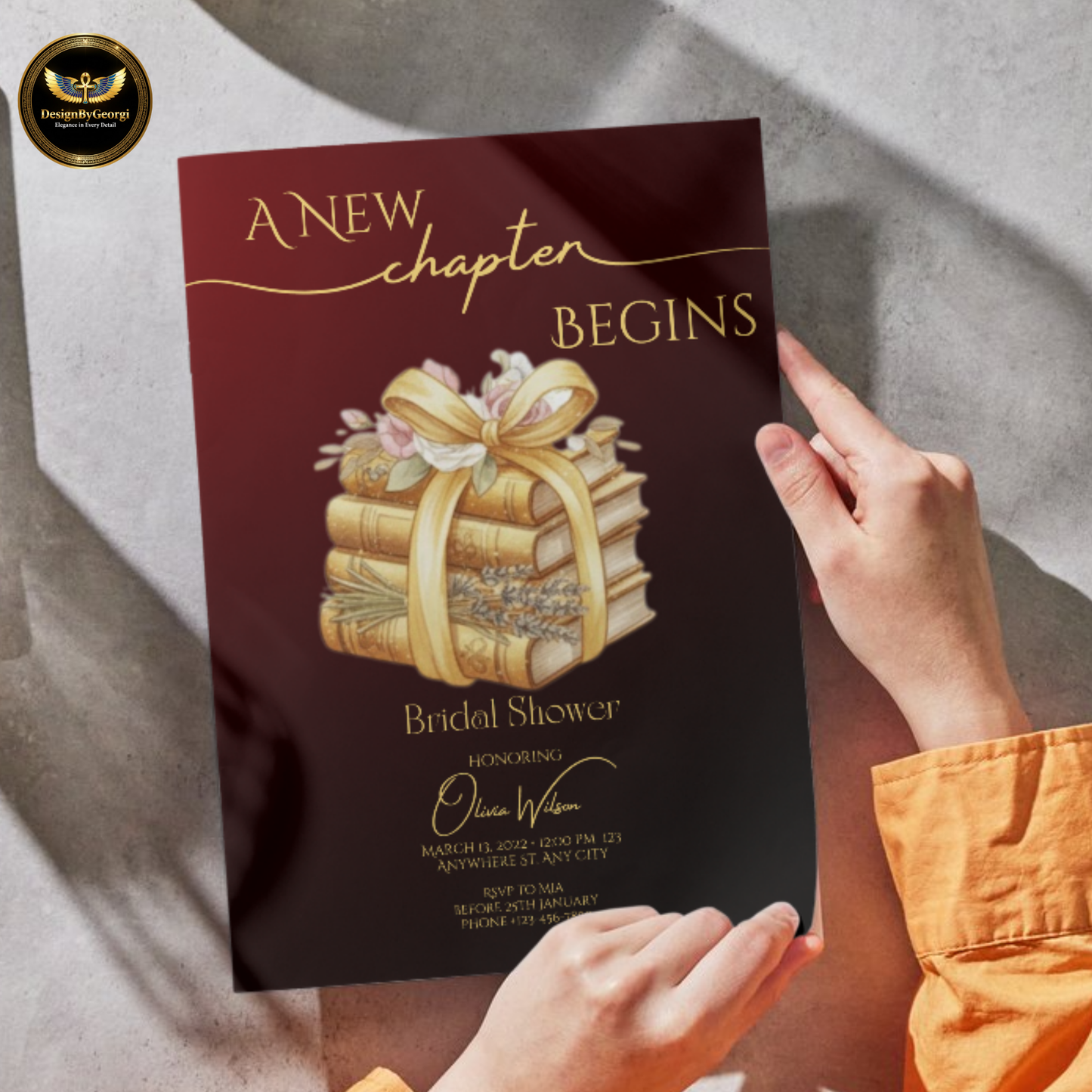 New Chapter Begins – Burgundy & Gold Bridal Shower Invitation