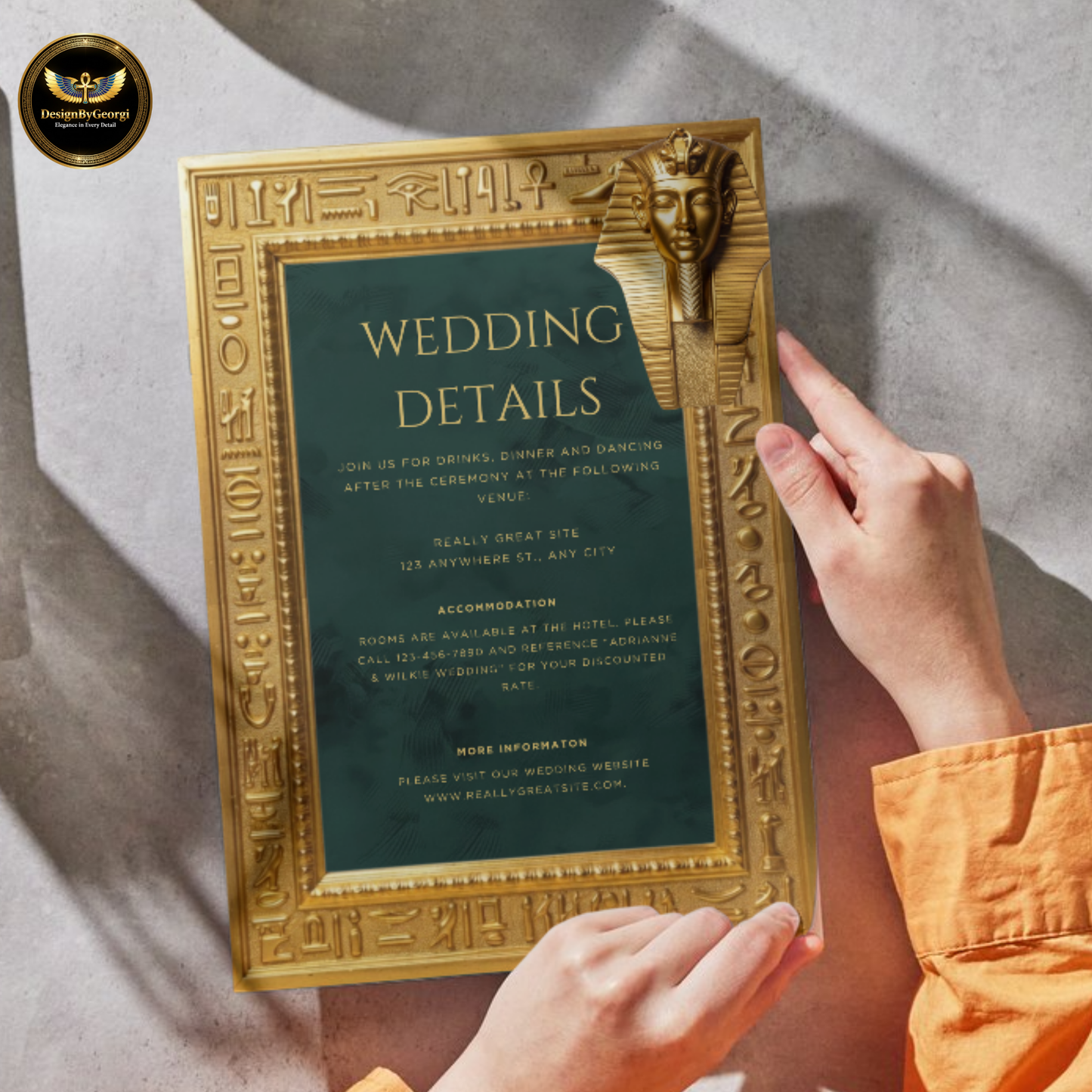 Emerald Velvet Egyptian Wedding Invitation – Gold Hieroglyphic Frame & Tutankhamun Mask