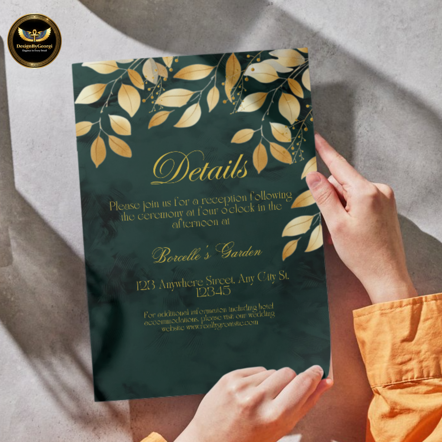 Emerald Velvet Wedding Invitation Suite – New Edition, Golden Leaf Botanical Design, Luxurious Elegant Editable Canva Set