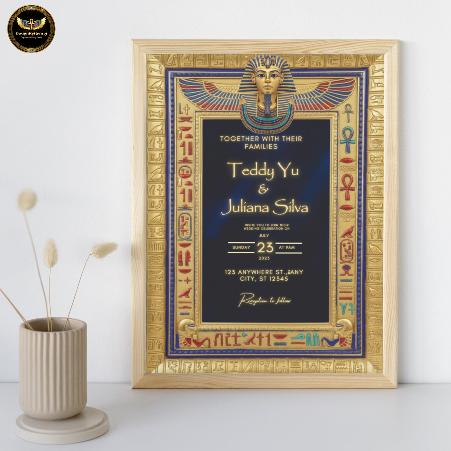 Navy Velvet Egyptian Wedding Invitation – Gold Hieroglyphic Frame & Tutankhamun Mask