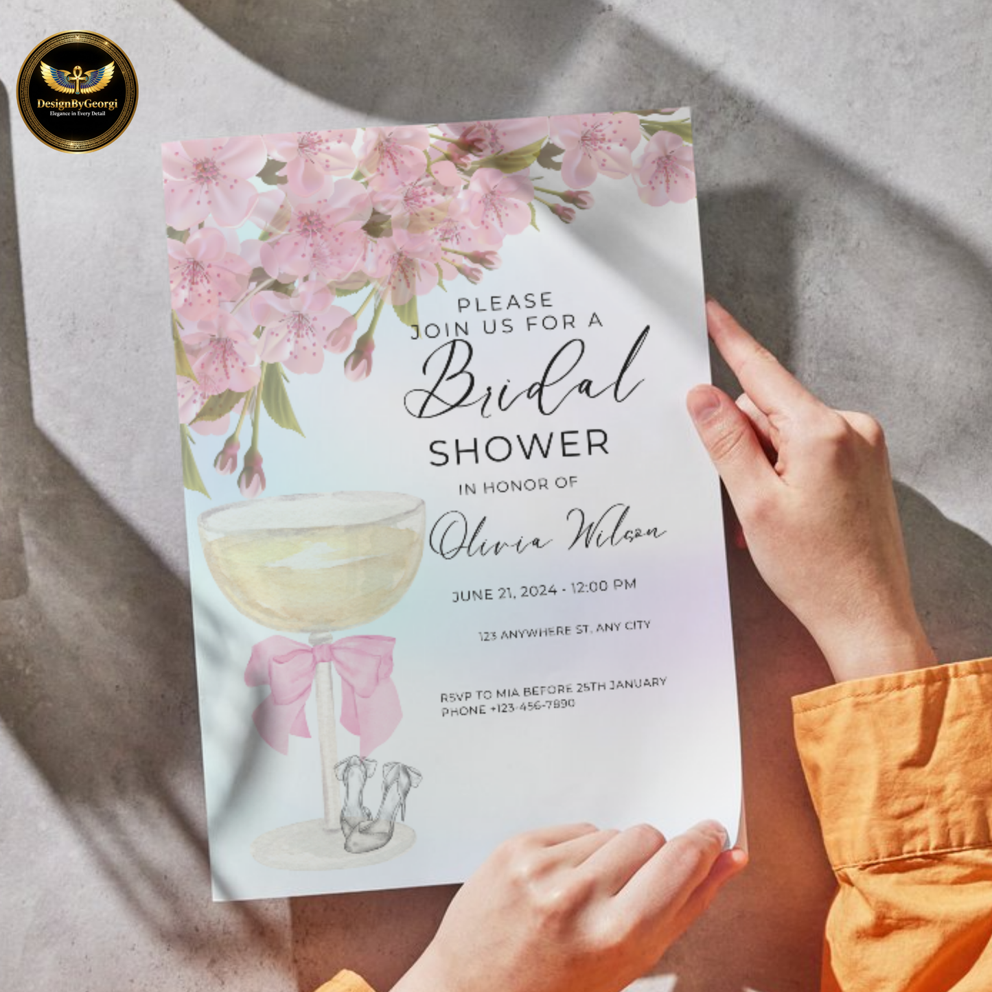 Elegant Pastel Pink Bridal Shower Invitation with Champagne Glass, Pink Bow, Wedding Shoes, Pink Floral Accents, Editable Canva Template, Digital & Printable