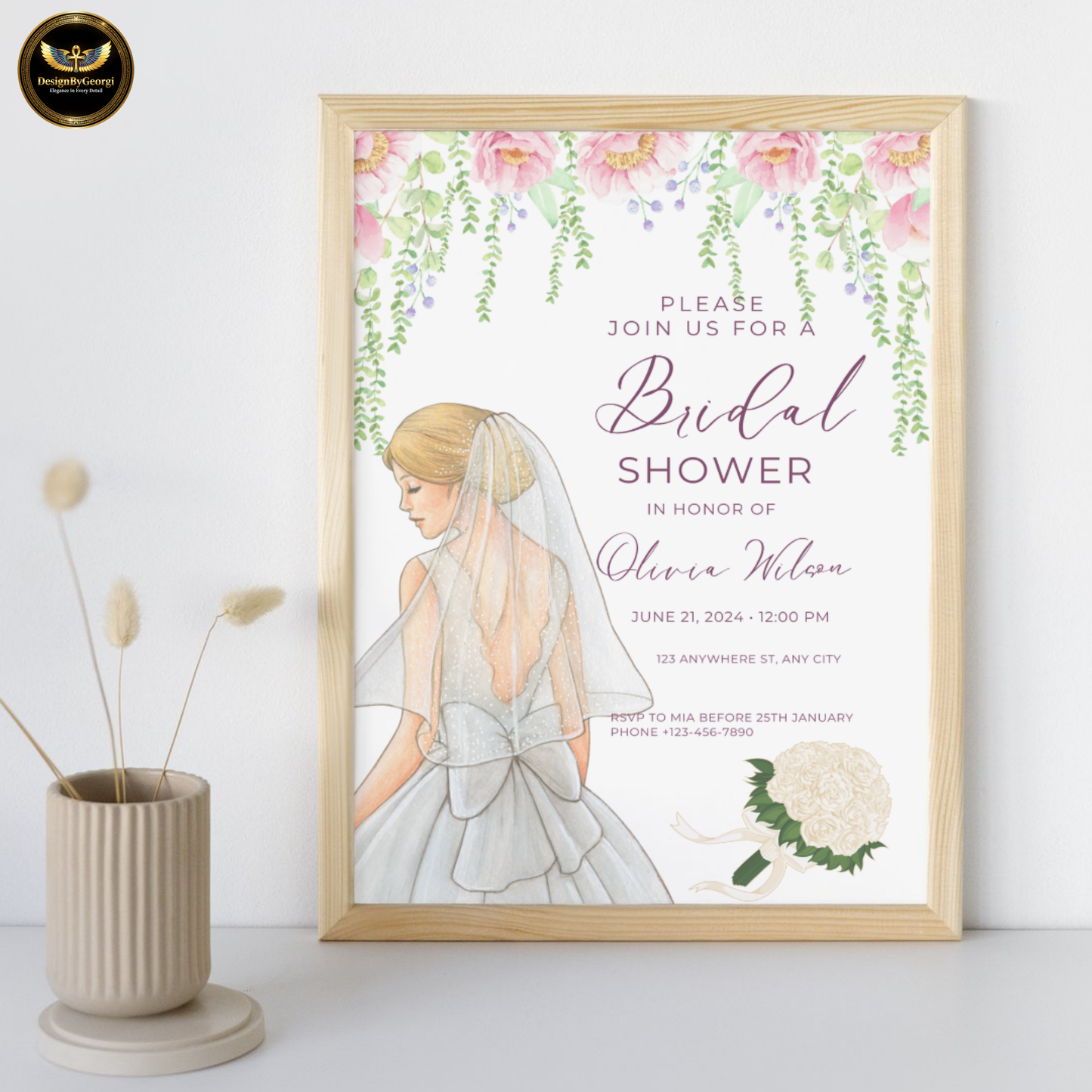 Pink Watercolor Bridal Shower Invitation Template, White Background, Floral Arch with Hanging Branches, Watercolor Bride, Editable Canva