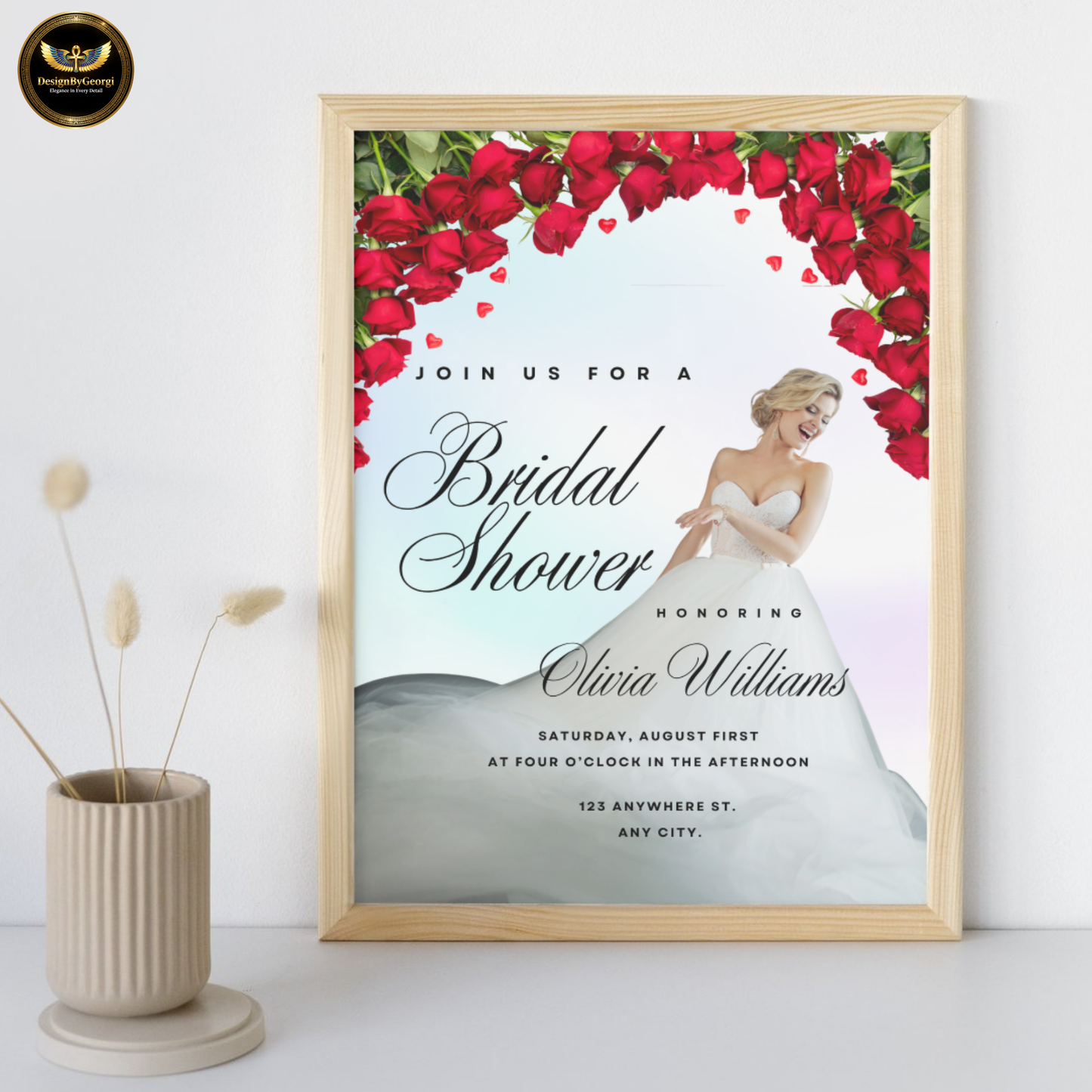 Pastel Shimmer Bridal Shower Invitation Template, Real Bride Twirling, Red Floral Arch, Elegant Bridal Shower Invite, Editable Canva