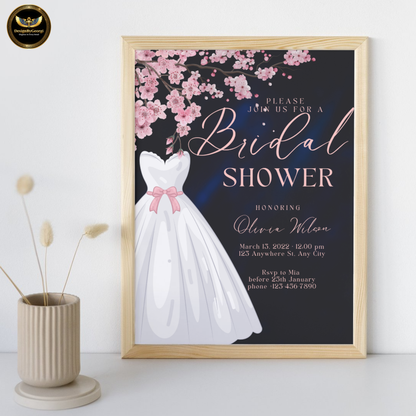 Dusty Rose Bridal Shower Invitation: Cherry Blossom, Navy Digital Template Printable Invitation Template Editable Canva Instant Download