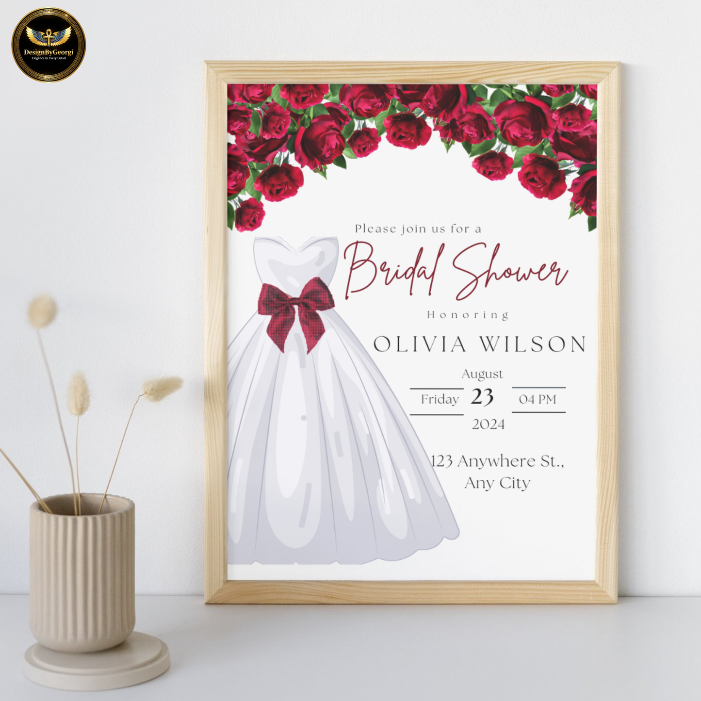 Red Floral Bridal Shower Invitation Template, White Wedding Dress with Red Bow, Elegant Bridal Shower Invite, Editable Canva