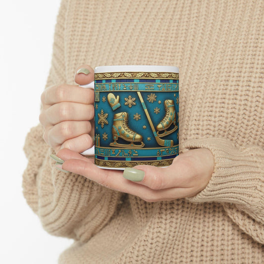 Vintage Ice Skates Christmas Mug | Holiday Snowflake Ceramic MugGilded Holiday Mug with Egyptian Blue & Pharaonic Accents