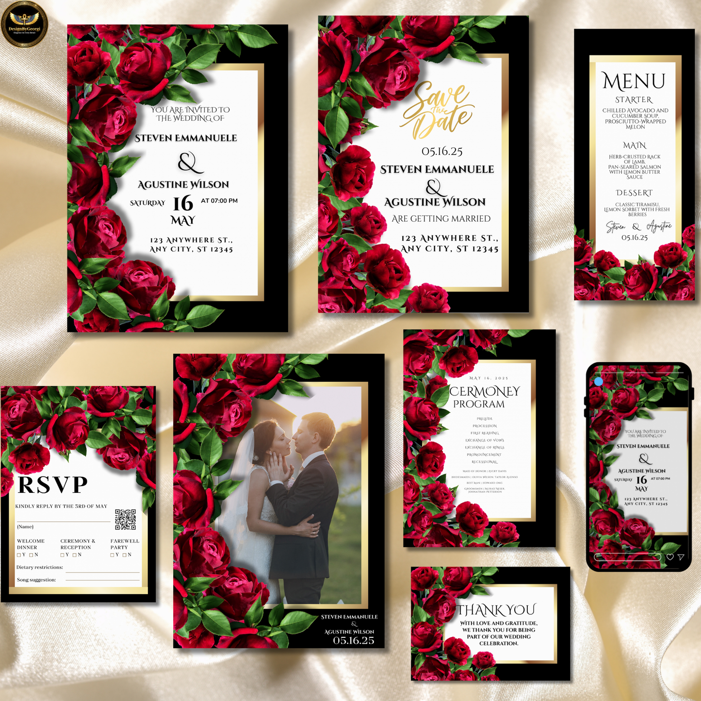 Elegant Rose Wedding Invitation Suite  Editable Canva Template | Save the Date, RSVP & More (Digital Download) Printable Invitation Template