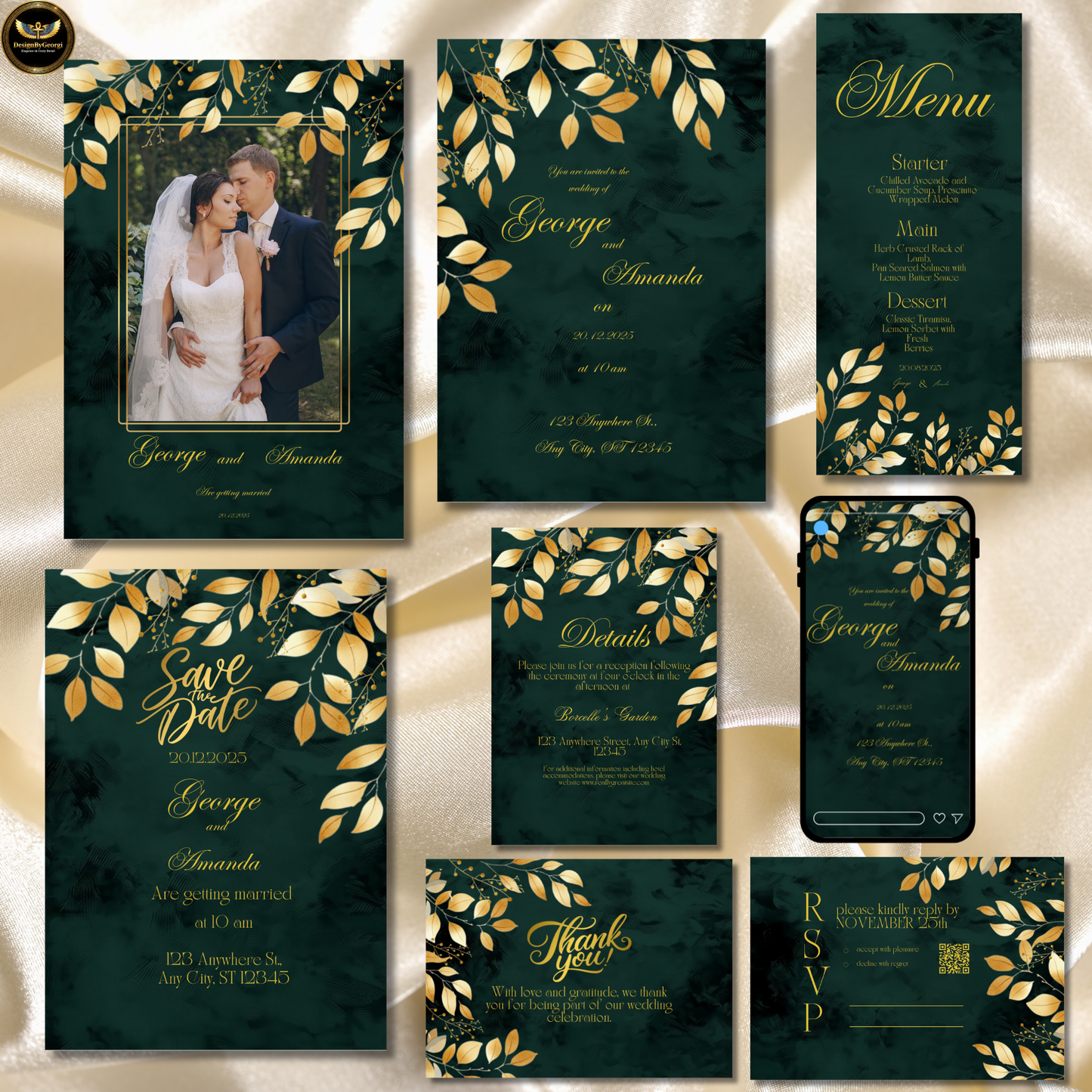 Emerald Velvet Wedding Invitation, Golden Leaf Botanical Design, Luxury Elegant Invite, Editable Canva Main & Digital Version