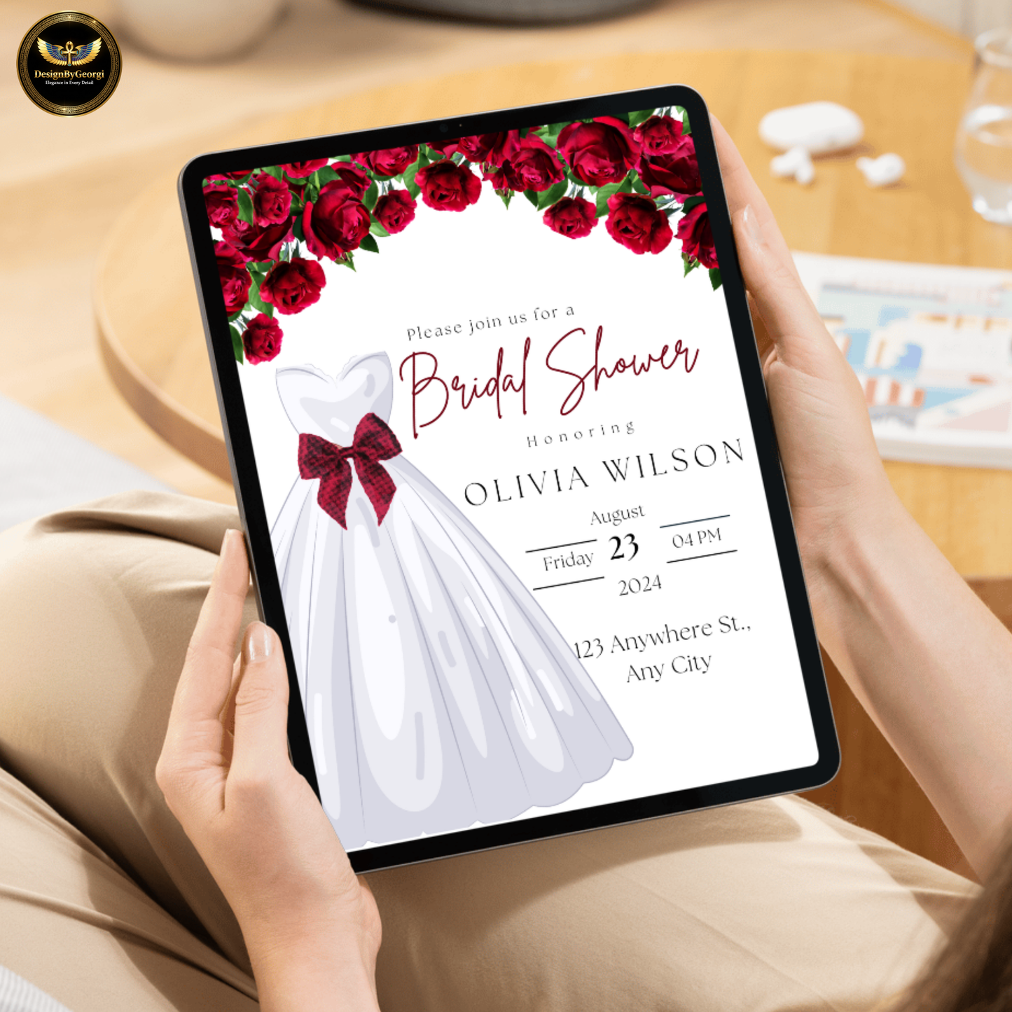 Red Floral Bridal Shower Invitation Template, White Wedding Dress with Red Bow, Elegant Bridal Shower Invite, Editable Canva