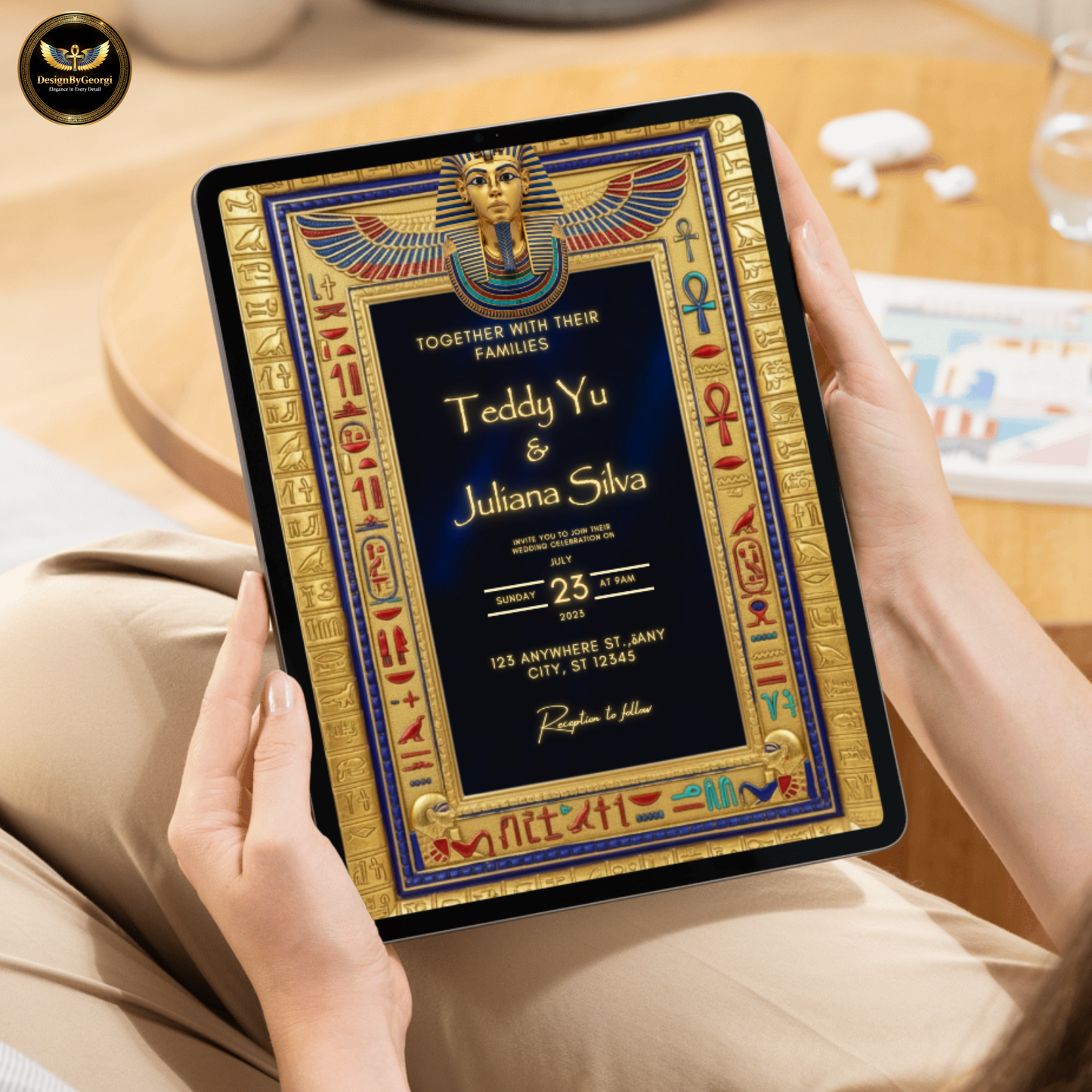 Navy Velvet Egyptian Wedding Invitation – Gold Hieroglyphic Frame & Tutankhamun Mask