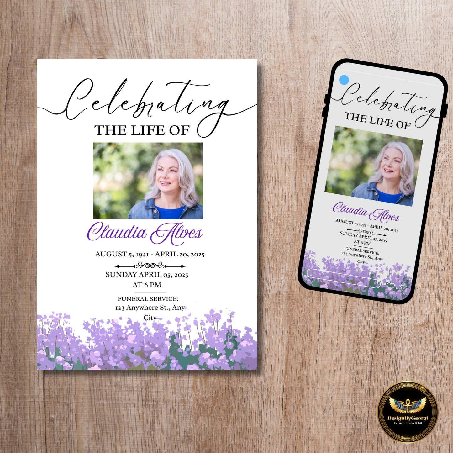 Funeral Invitation Template White Background with Soft Mauve Florals Editable Canva Memorial Digital Download