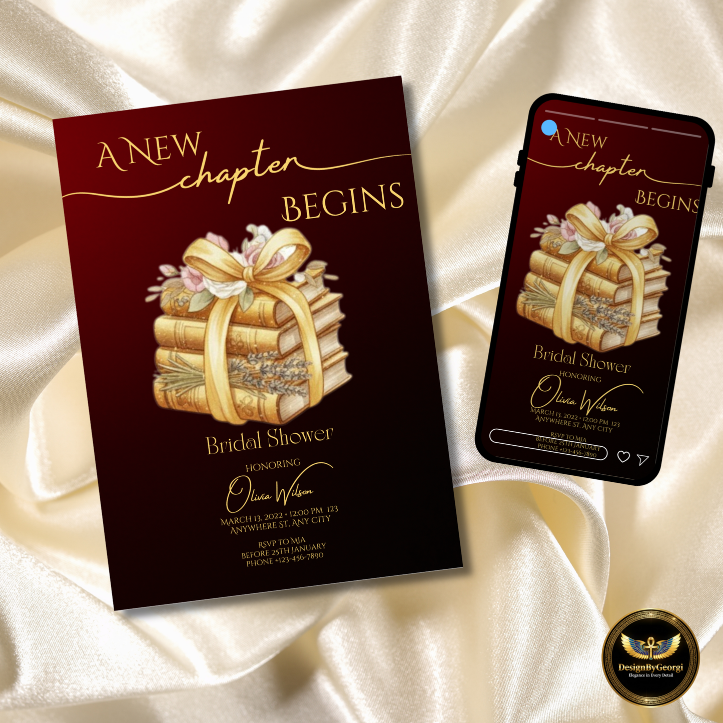 New Chapter Begins – Burgundy & Gold Bridal Shower Invitation