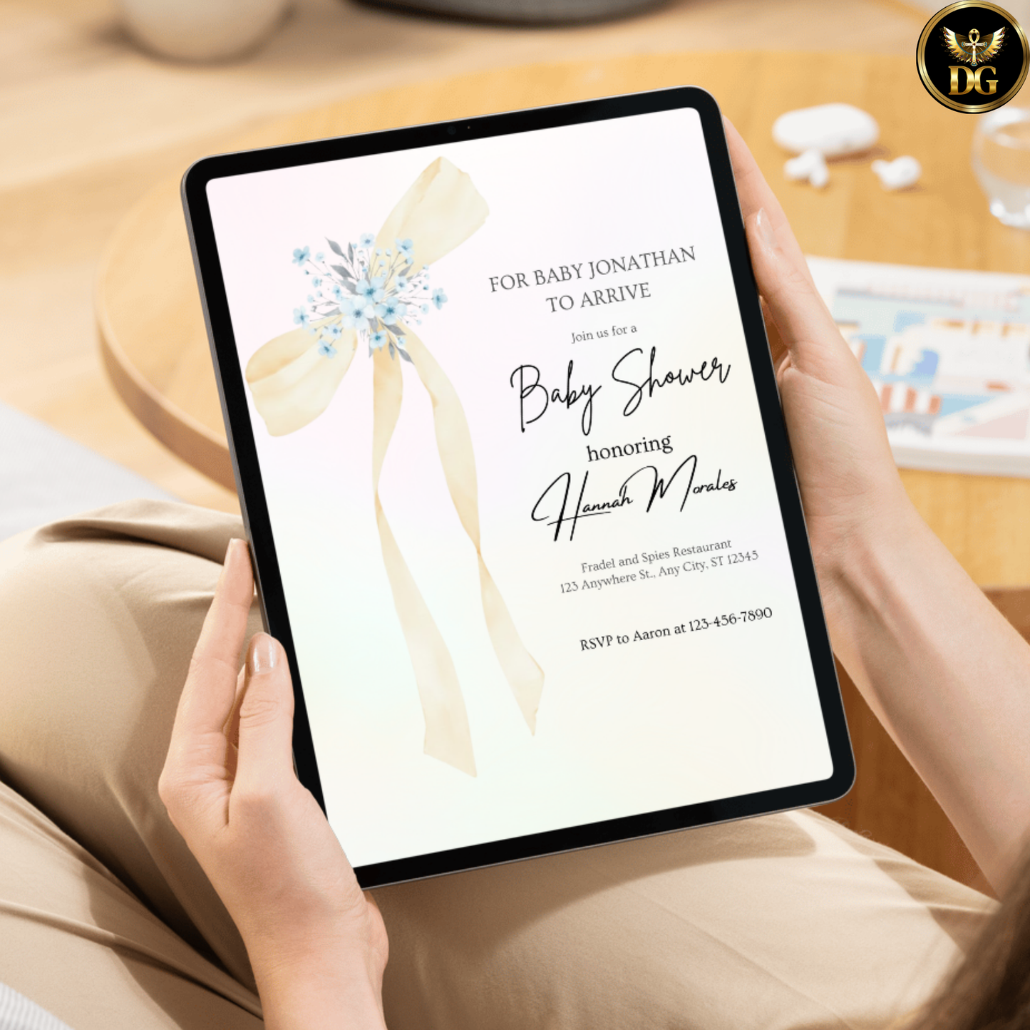 Yellow Ribbon Bow Baby Shower Invitation | Pastel Pink & Blue Editable Canva Template