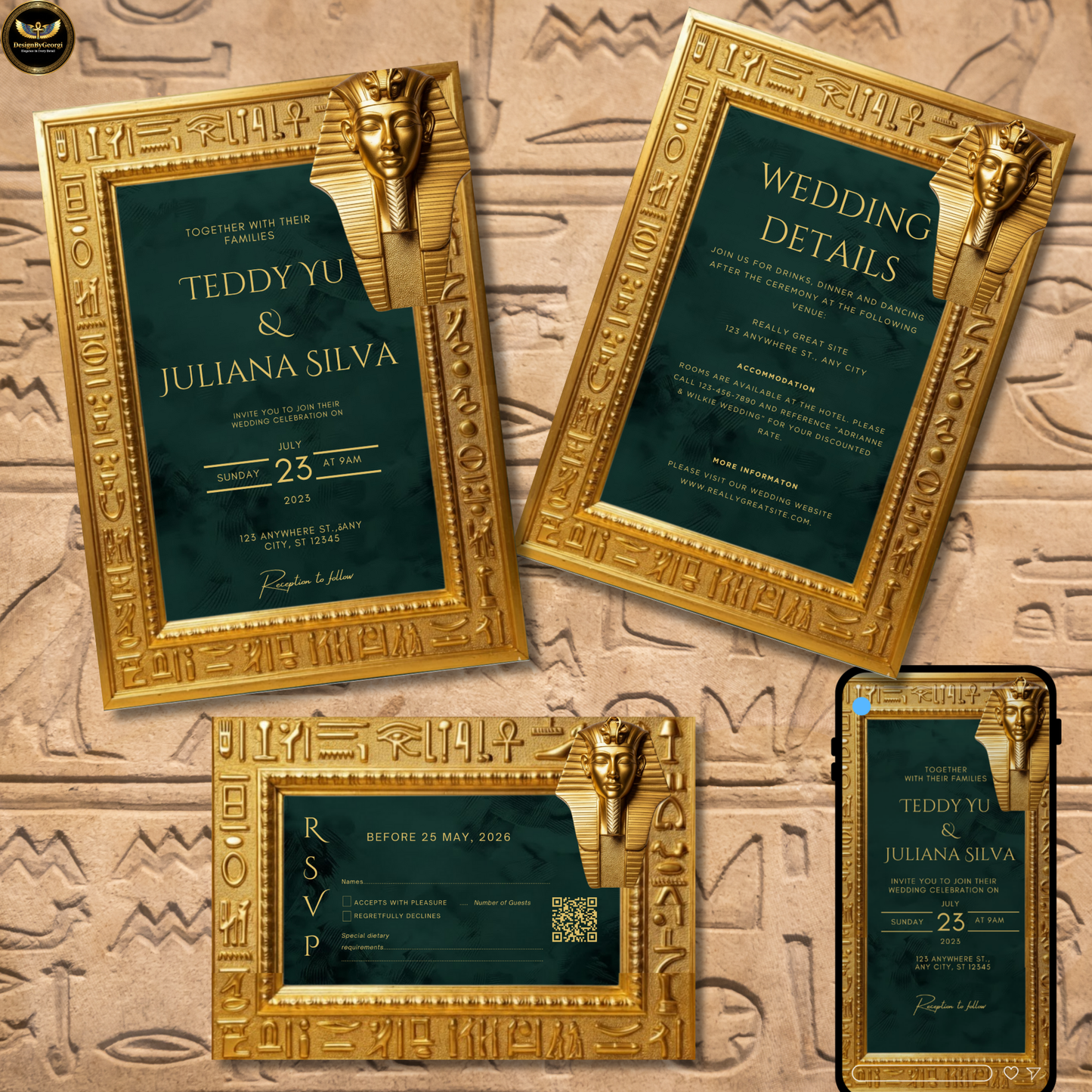 Emerald Velvet Egyptian Wedding Invitation – Gold Hieroglyphic Frame & Tutankhamun Mask