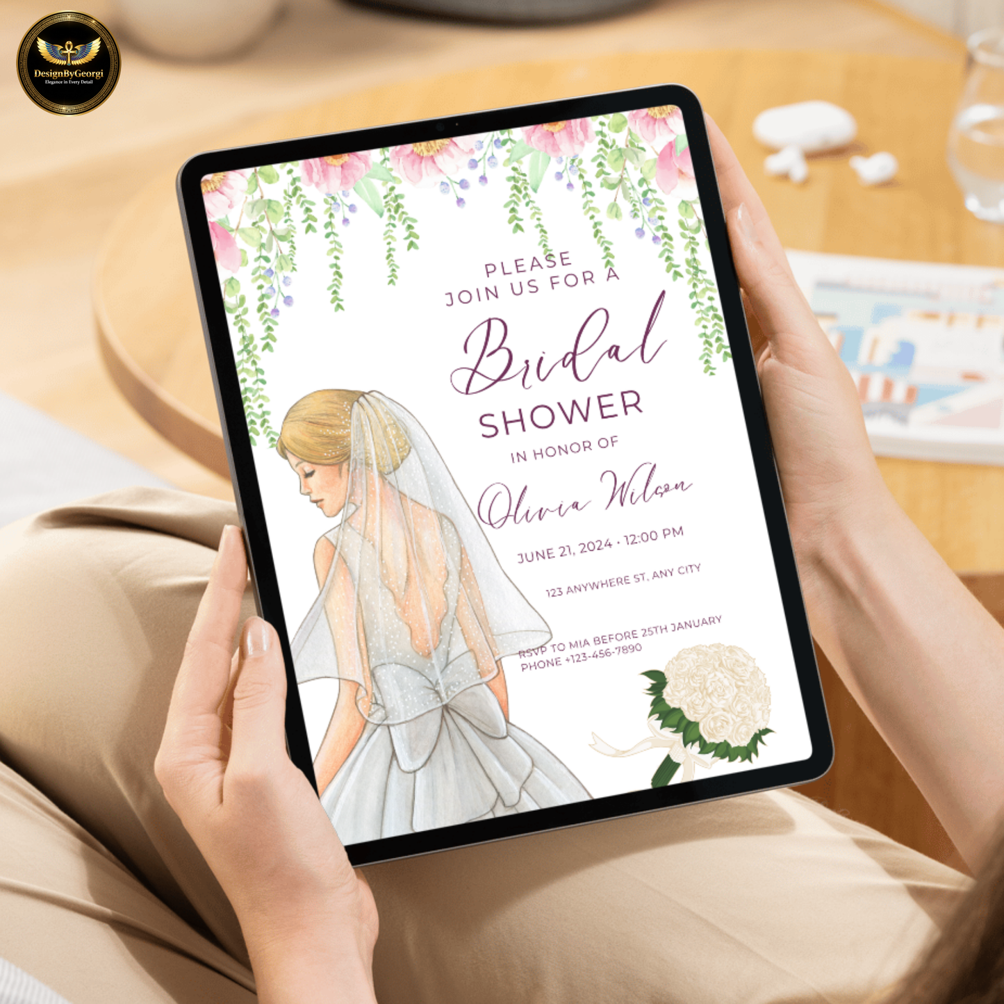 Pink Watercolor Bridal Shower Invitation Template, White Background, Floral Arch with Hanging Branches, Watercolor Bride, Editable Canva