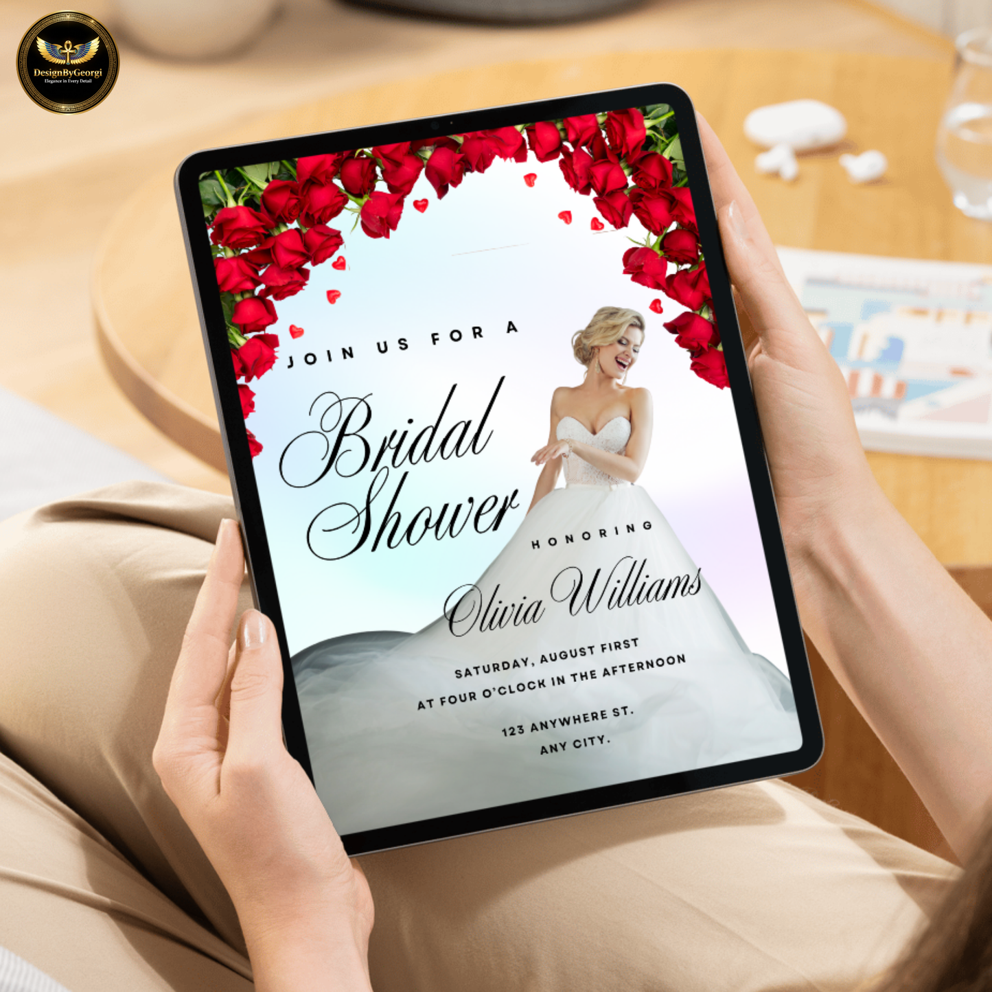 Pastel Shimmer Bridal Shower Invitation Template, Real Bride Twirling, Red Floral Arch, Elegant Bridal Shower Invite, Editable Canva