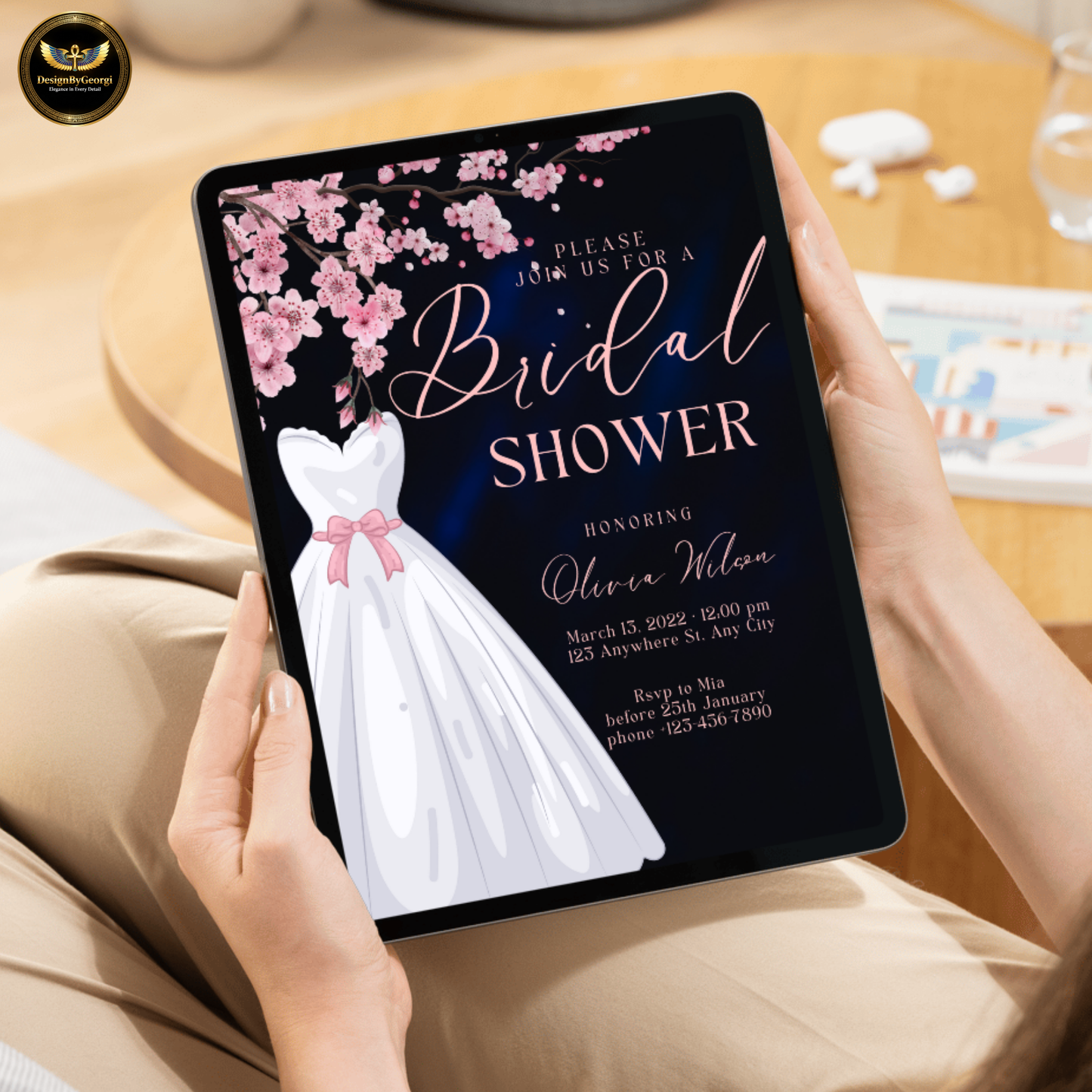 Dusty Rose Bridal Shower Invitation: Cherry Blossom, Navy Digital Template Printable Invitation Template Editable Canva Instant Download