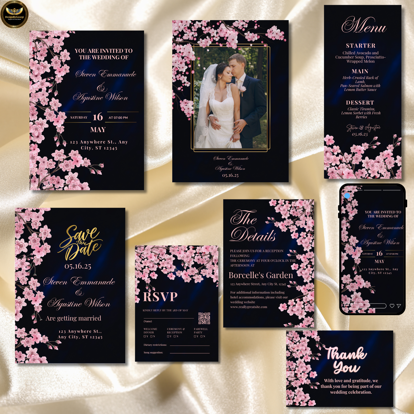 Navy & Blush Velvet Luxury Wedding Invitation Template, Editable Canva Wedding Suite, Elegant Navy Blue Blush Pink Rose Invite