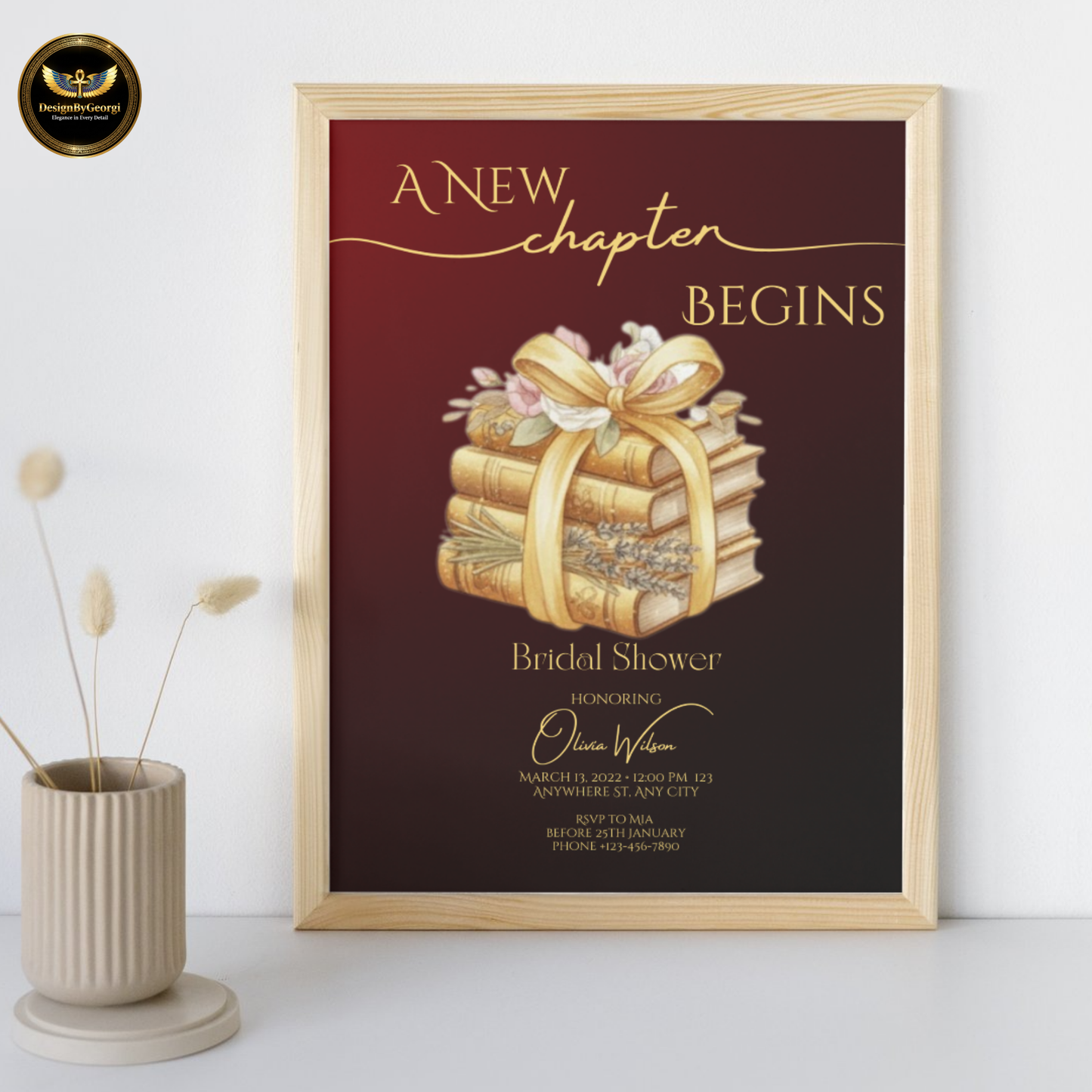 New Chapter Begins – Burgundy & Gold Bridal Shower Invitation