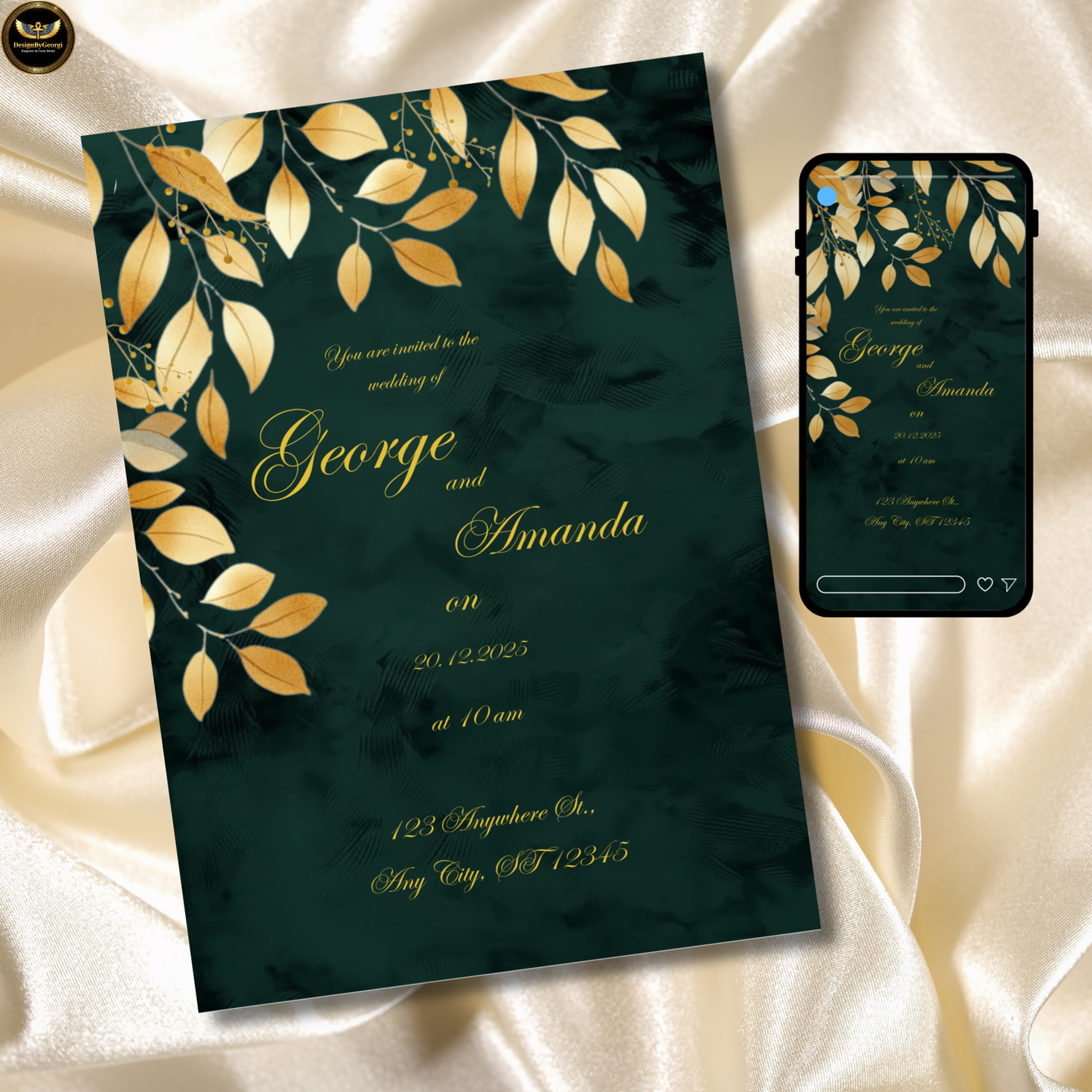 Emerald Velvet Wedding Invitation, Golden Leaf Botanical Design, Luxury Elegant Invite, Editable Canva Main & Digital Version