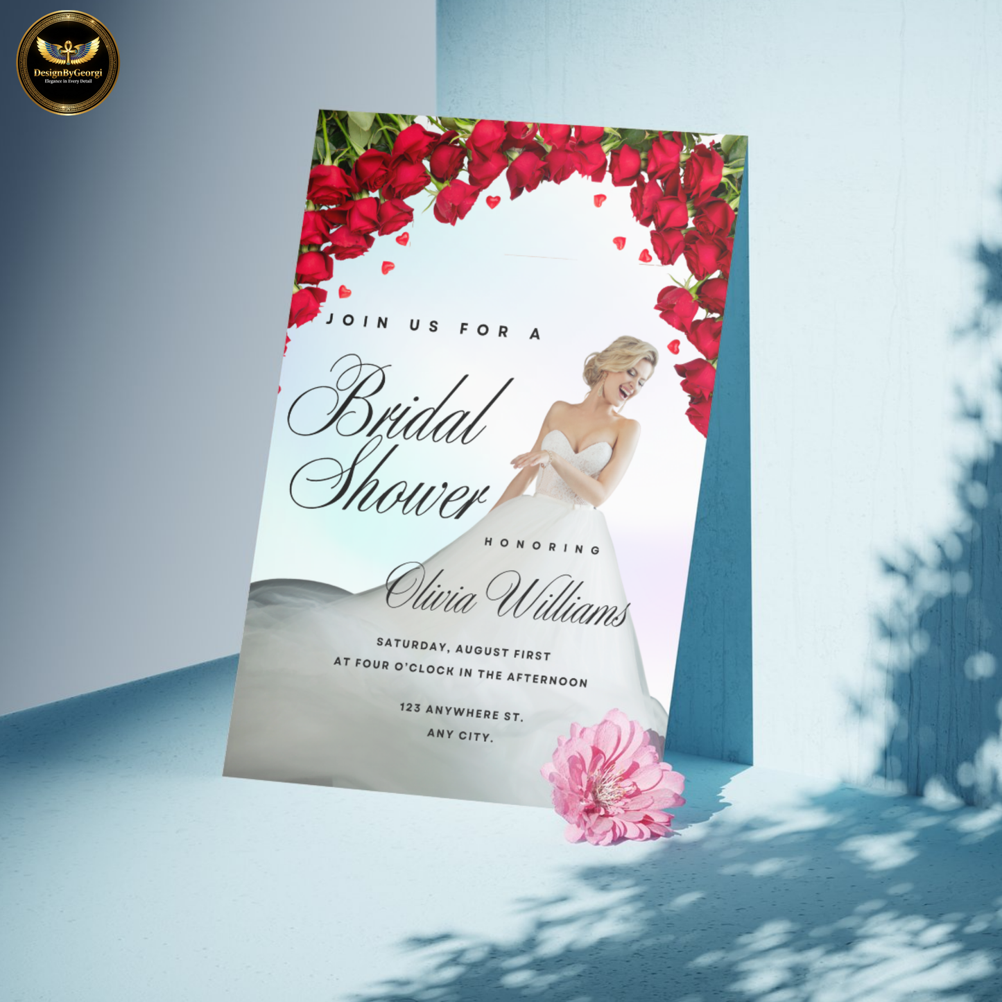 Pastel Shimmer Bridal Shower Invitation Template, Real Bride Twirling, Red Floral Arch, Elegant Bridal Shower Invite, Editable Canva