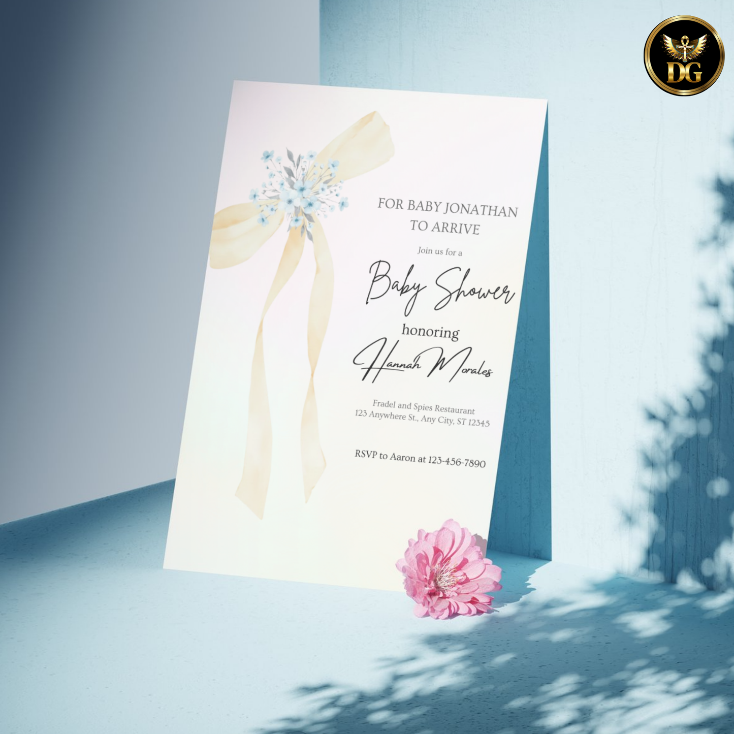 Yellow Ribbon Bow Baby Shower Invitation | Pastel Pink & Blue Editable Canva Template