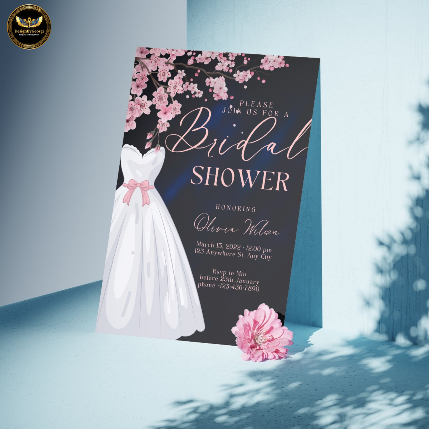 Dusty Rose Bridal Shower Invitation: Cherry Blossom, Navy Digital Template Printable Invitation Template Editable Canva Instant Download