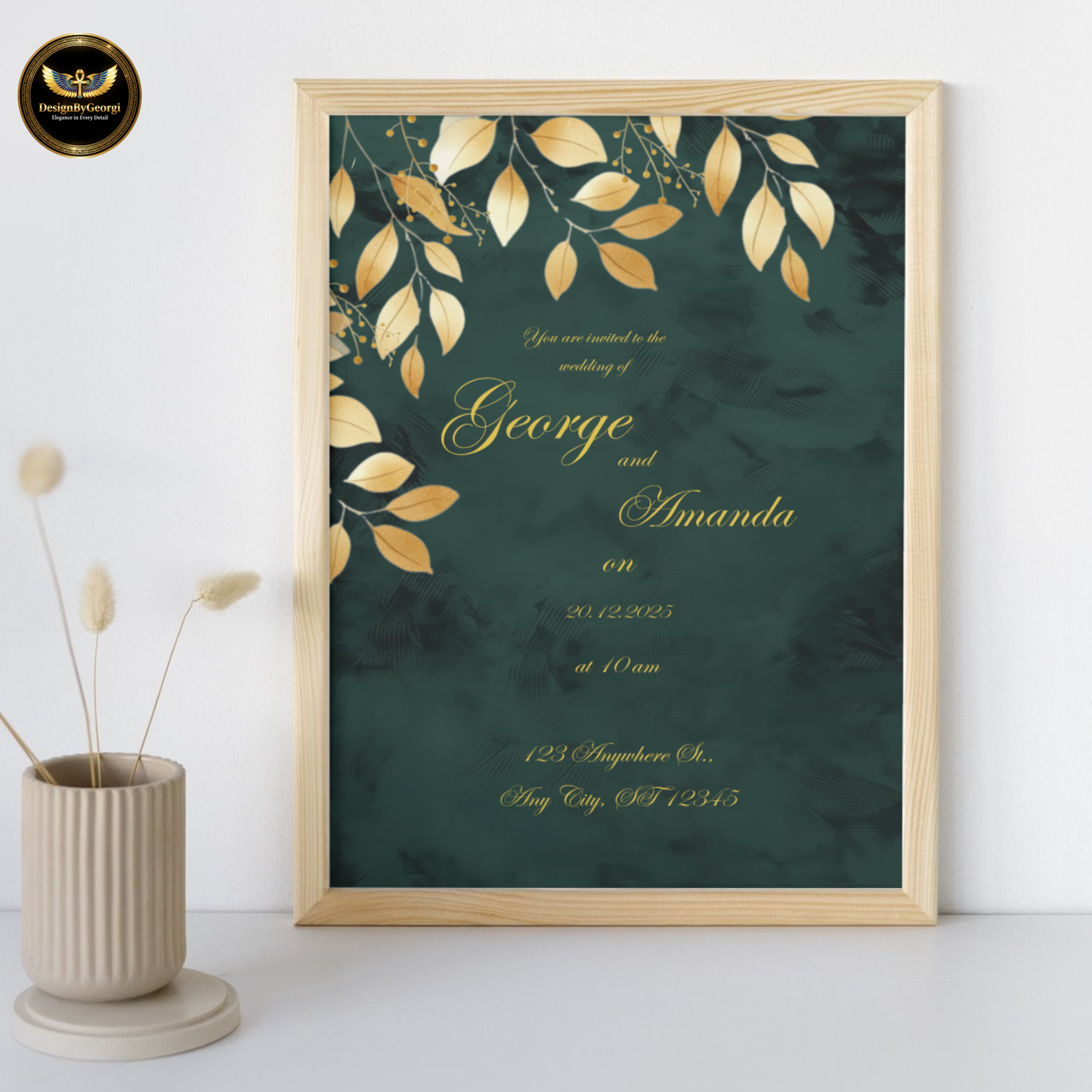 Emerald Velvet Wedding Invitation Suite – New Edition, Golden Leaf Botanical Design, Luxurious Elegant Editable Canva Set