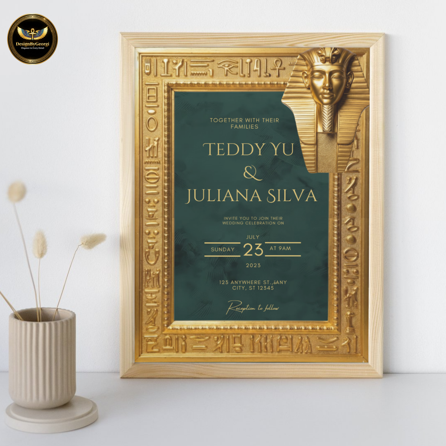 Emerald Velvet Egyptian Wedding Invitation – Gold Hieroglyphic Frame & Tutankhamun Mask
