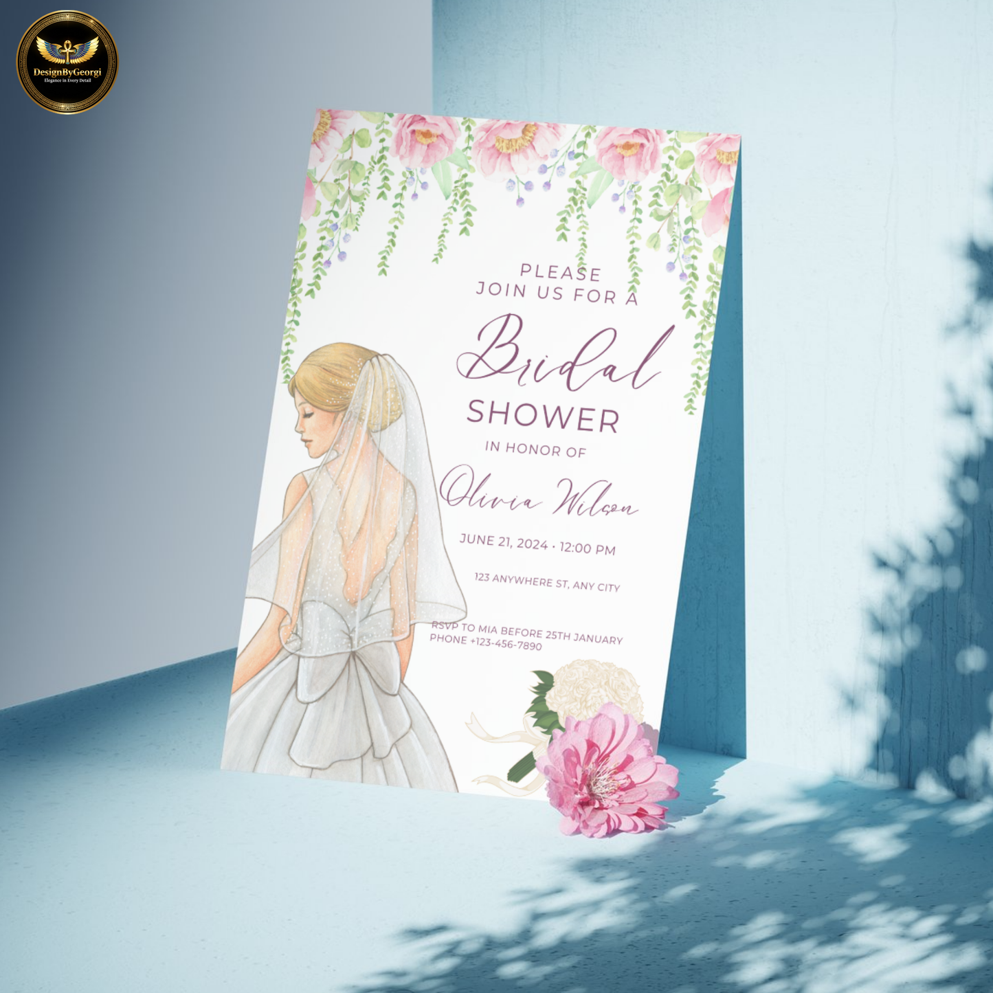 Pink Watercolor Bridal Shower Invitation Template, White Background, Floral Arch with Hanging Branches, Watercolor Bride, Editable Canva