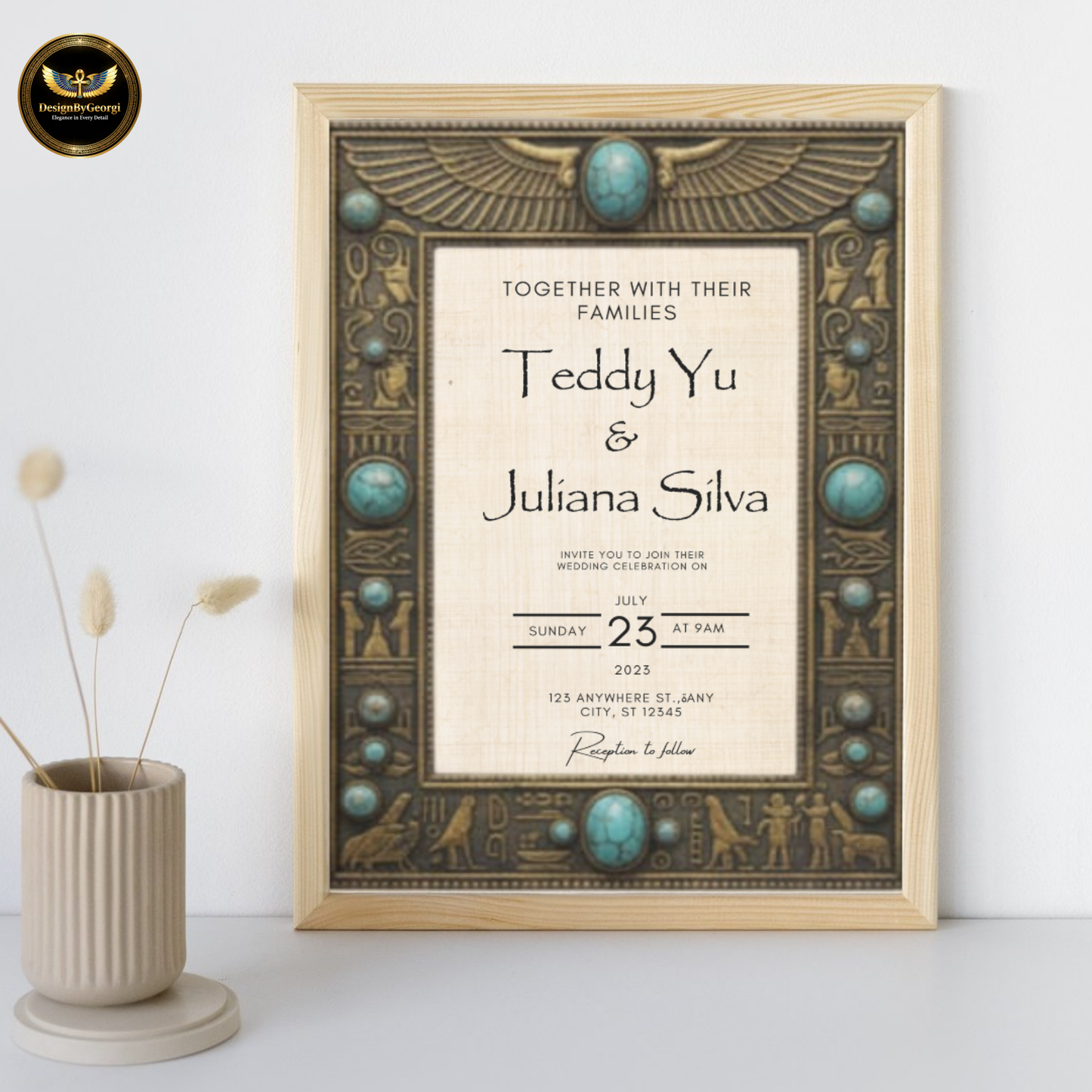 Vintage frame – Turquoise jewelry – Creamy papyrus background – Egyptian luxury style
