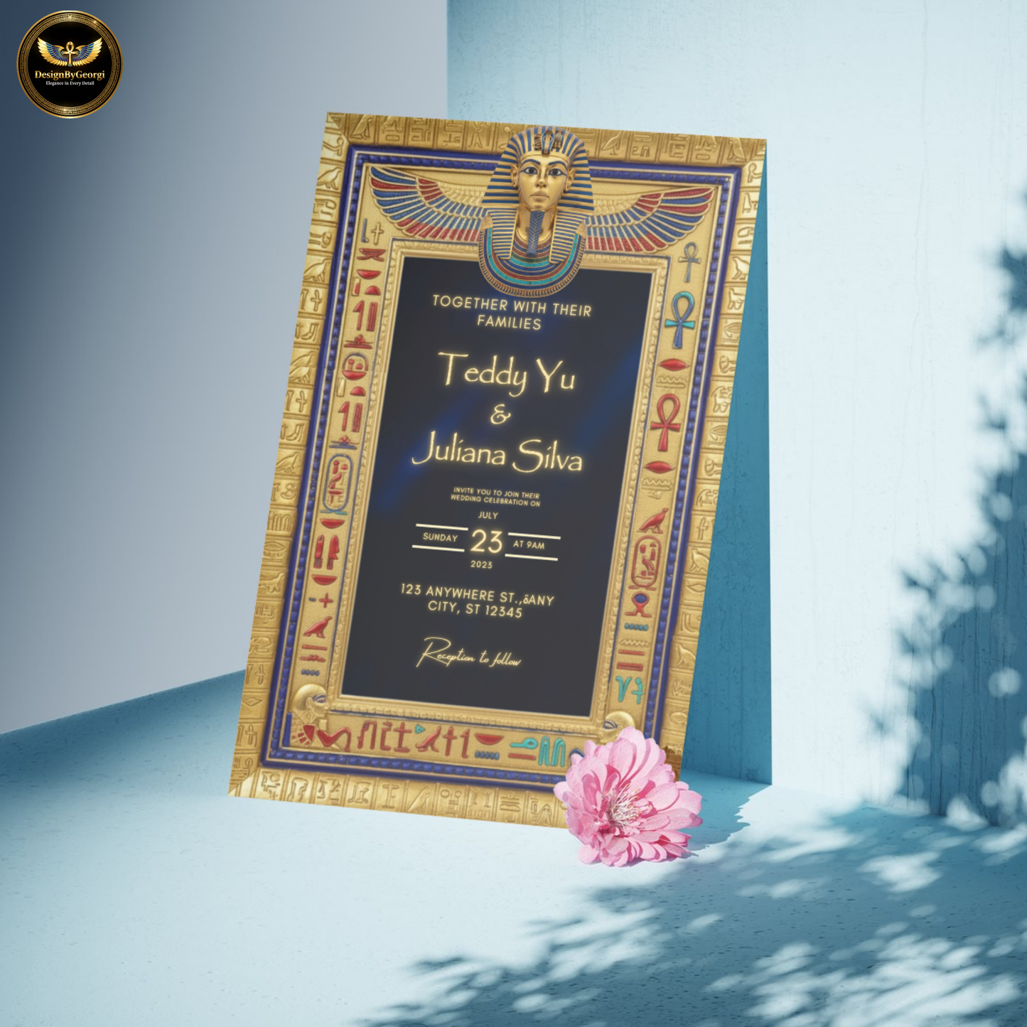 Navy Velvet Egyptian Wedding Invitation – Gold Hieroglyphic Frame & Tutankhamun Mask