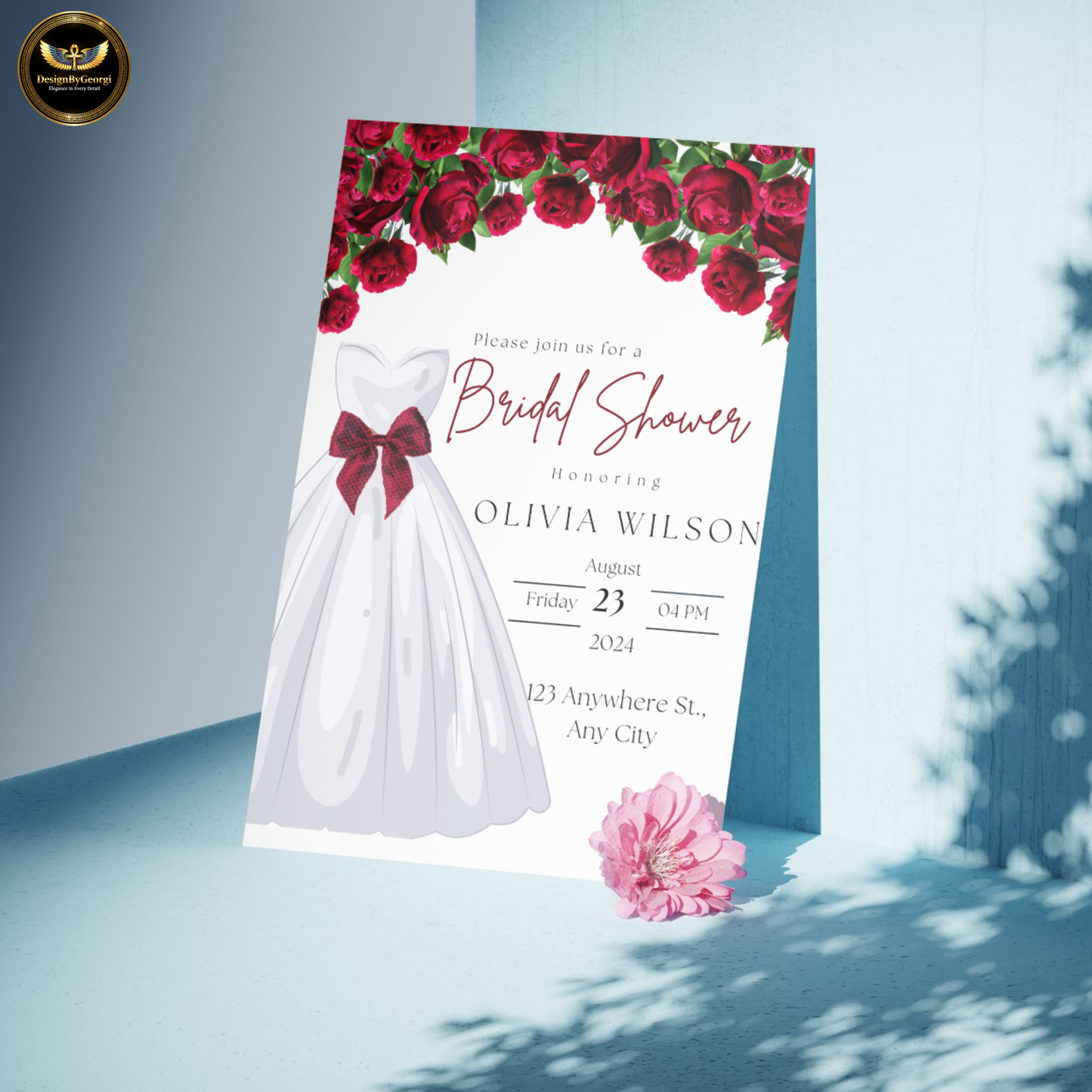 Red Floral Bridal Shower Invitation Template, White Wedding Dress with Red Bow, Elegant Bridal Shower Invite, Editable Canva