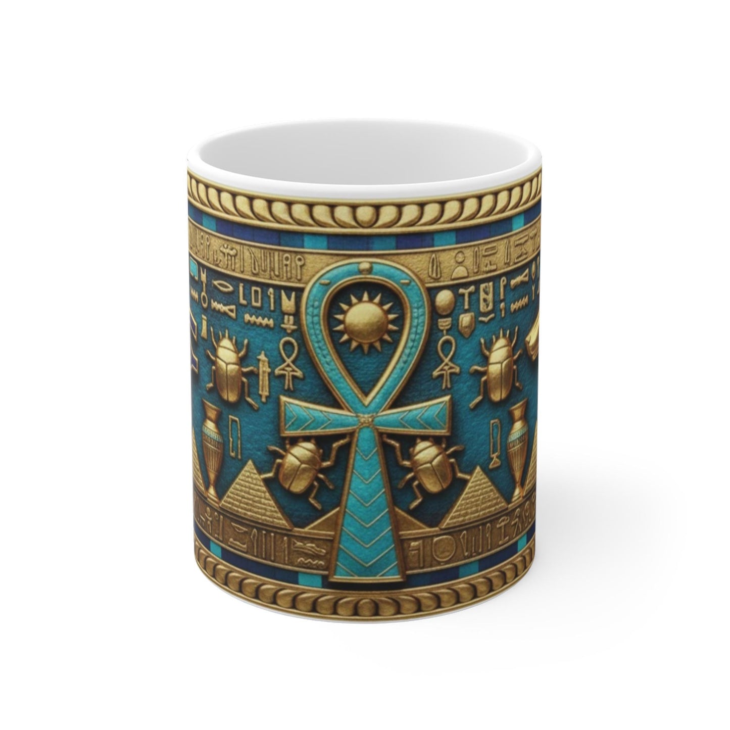 Egyptian Ankh and Eye Mug | Ancient Egyptian Hieroglyphics, Scarab and Pyramid Design