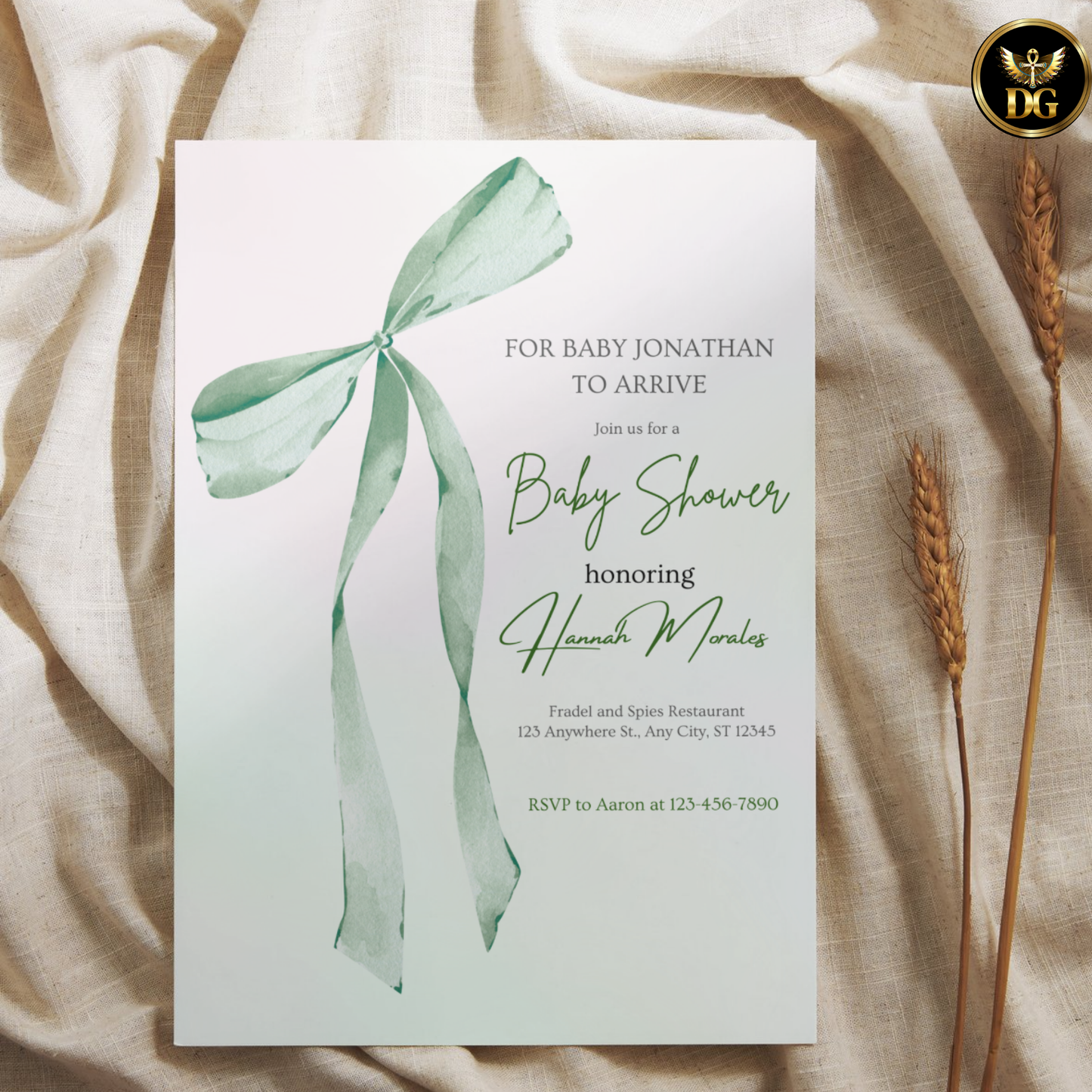 Pastel Mint Green Pink Baby Shower Invitation Template | Editable Canva Digital | Long Ribbon Bow Diaper Raffle, Books for Baby Suite