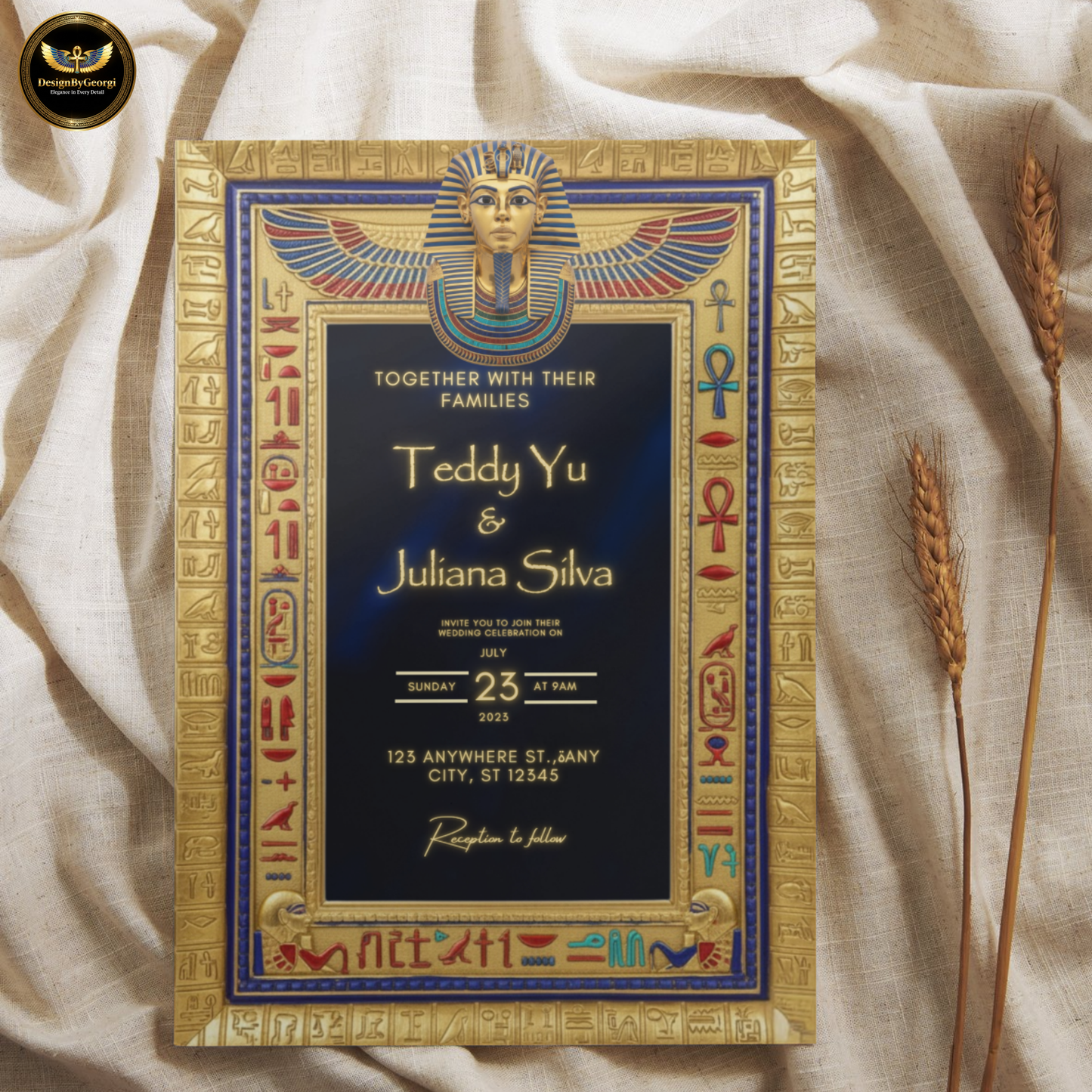 Navy Velvet Egyptian Wedding Invitation – Gold Hieroglyphic Frame & Tutankhamun Mask
