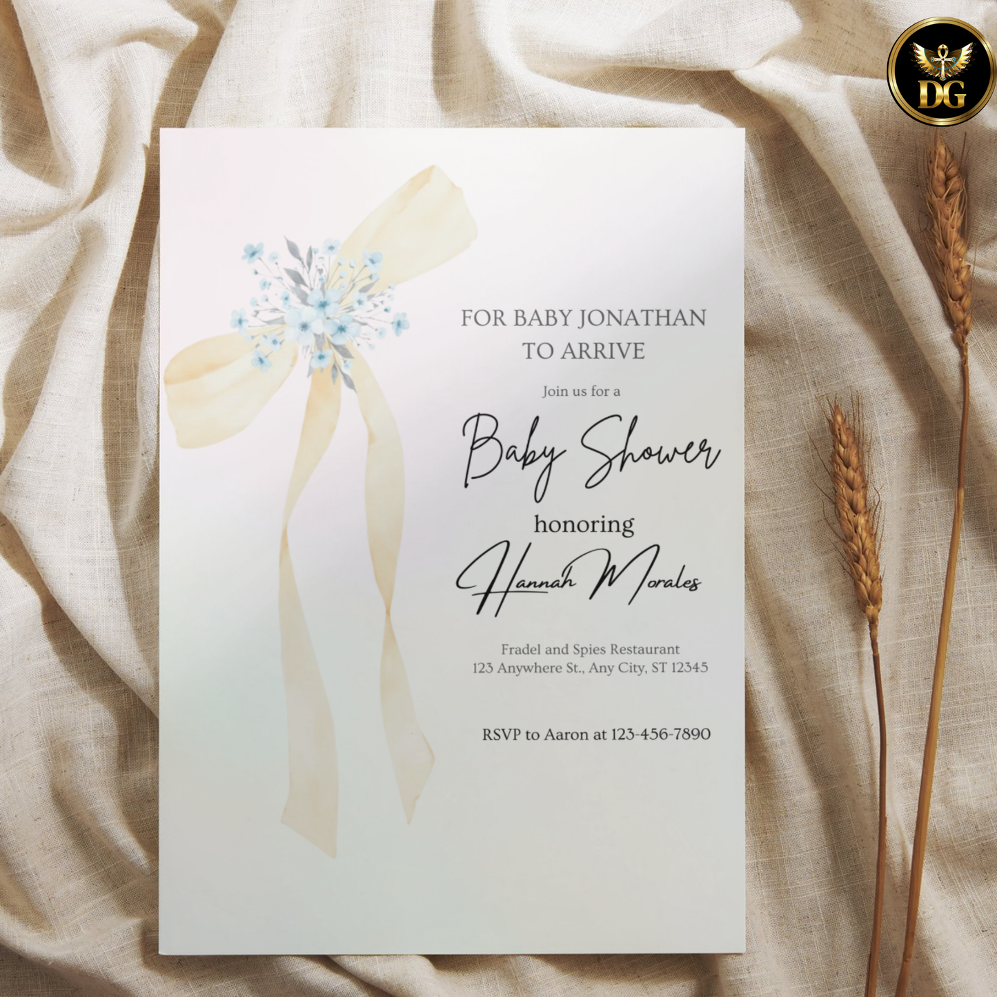 Yellow Ribbon Bow Baby Shower Invitation | Pastel Pink & Blue Editable Canva Template